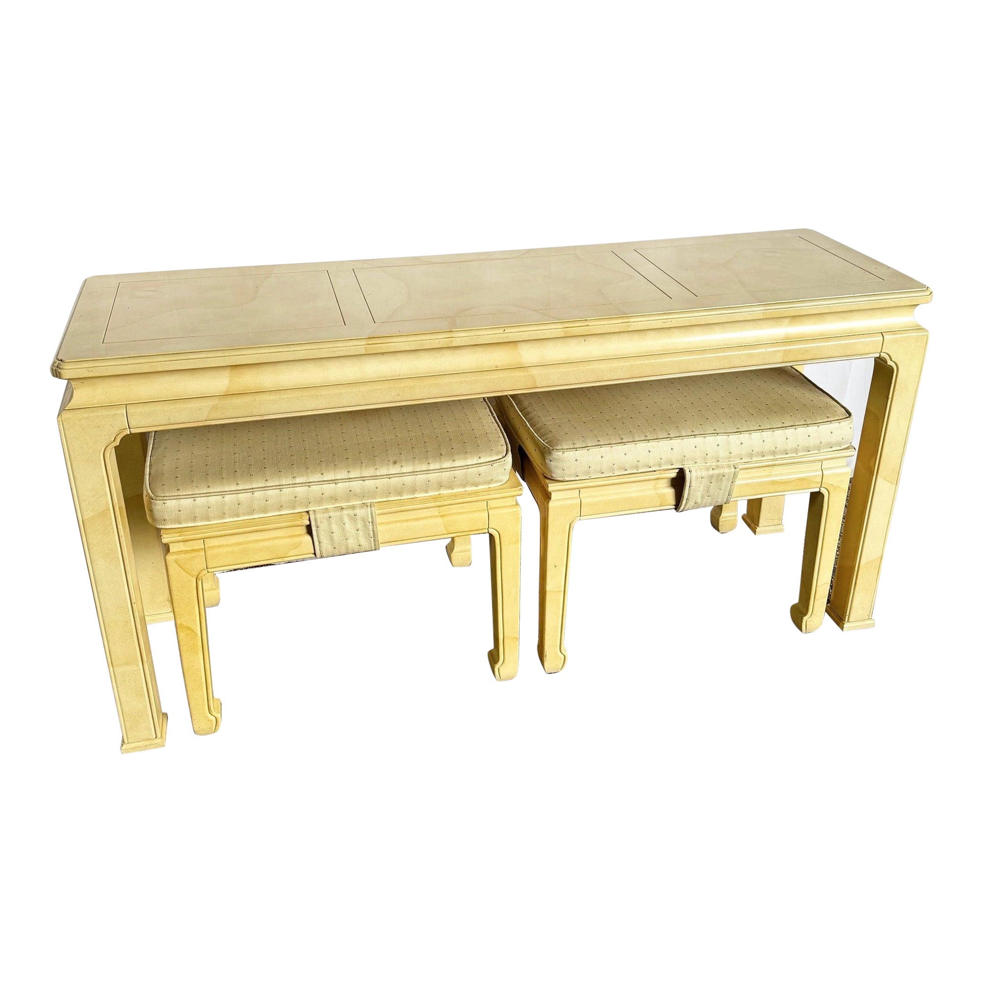 Table console Vintage laquée en fausse peau de chèvre avec tabourets bas par Henredon en vente