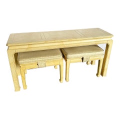 Vintage Faux Goat Skin Lacquered Console Table With Low Stools by Henredon