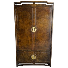 Mid Century Chinoiserie Burl Wood Armoire With Brass Accents by Thomasville