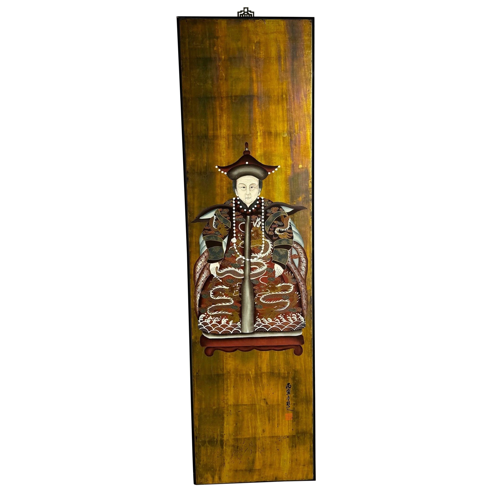 Retrato de antepasado chino vintage sobre panel de madera en venta