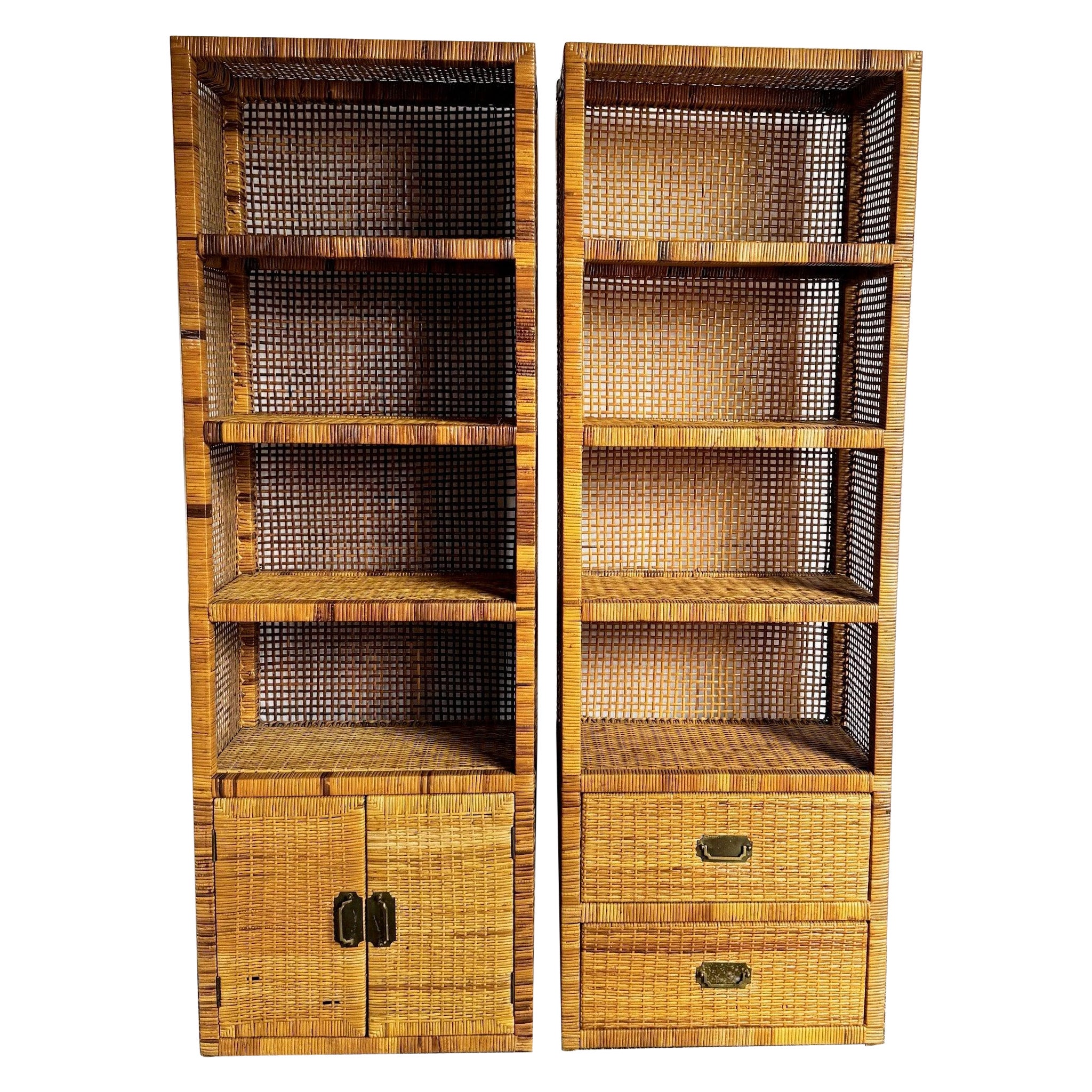 Boho Chic Coastal Wicker Etageres/Bookshelves - Set of 2