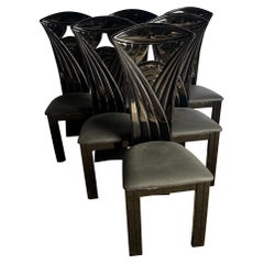 Sedie da pranzo vintage con schienale alto scolpito e laccato nero - Set di 6 sedie