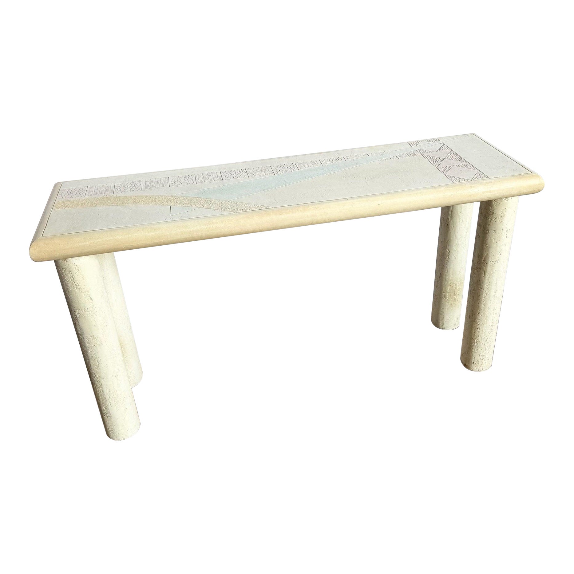 Table console vintage postmoderne signée J Berdou avec finition en plâtre