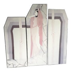 Art Deco Drei Stück Gemälde von Lady in Pink auf Stoff