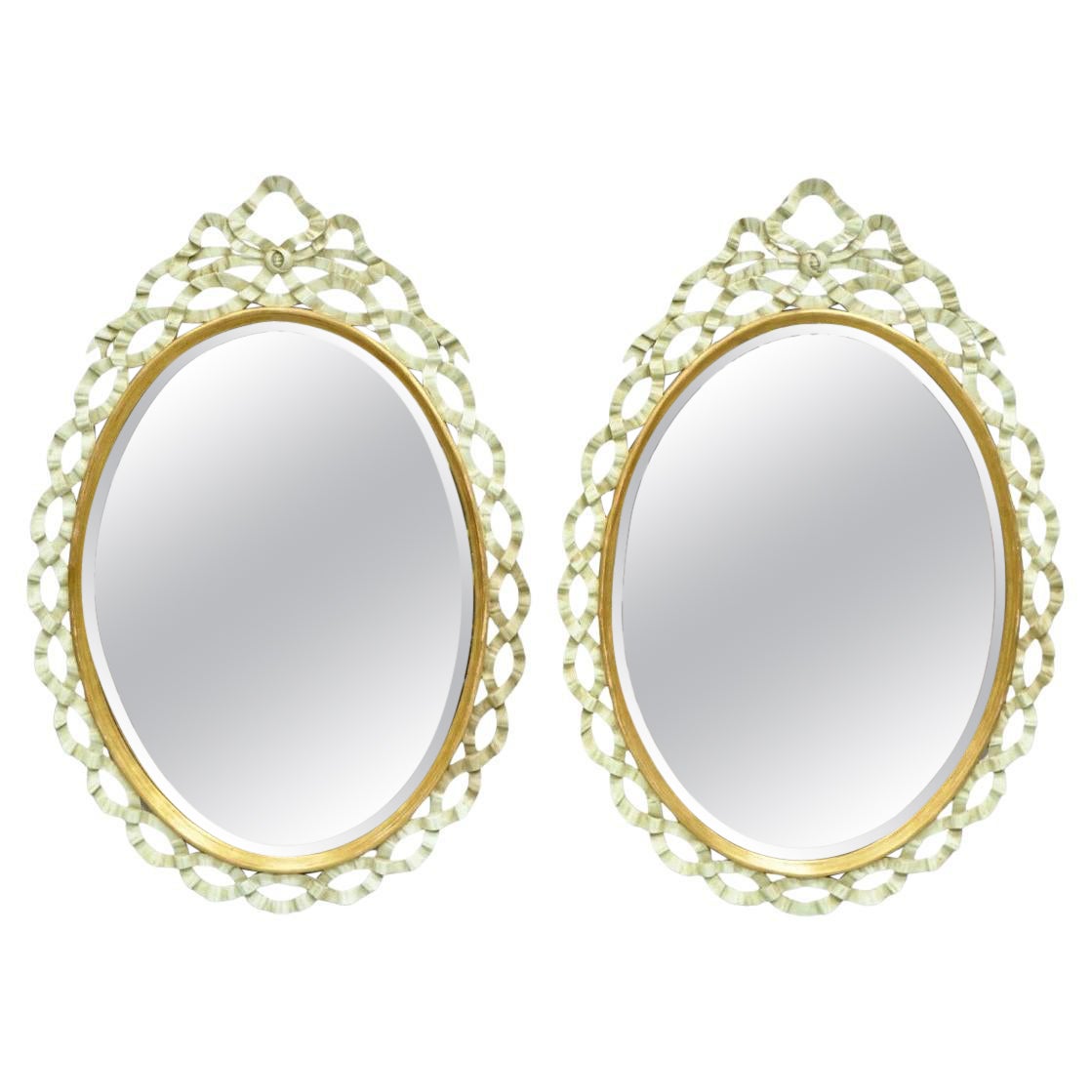 Harrison Gil Blue Italian Hollywood Regency Carved Wood Ribbon Wall Mirror Pair For Sale