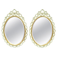 Harrison Gil Blue Italian Hollywood Regency Carved Wood Ribbon Wall Mirror Pair