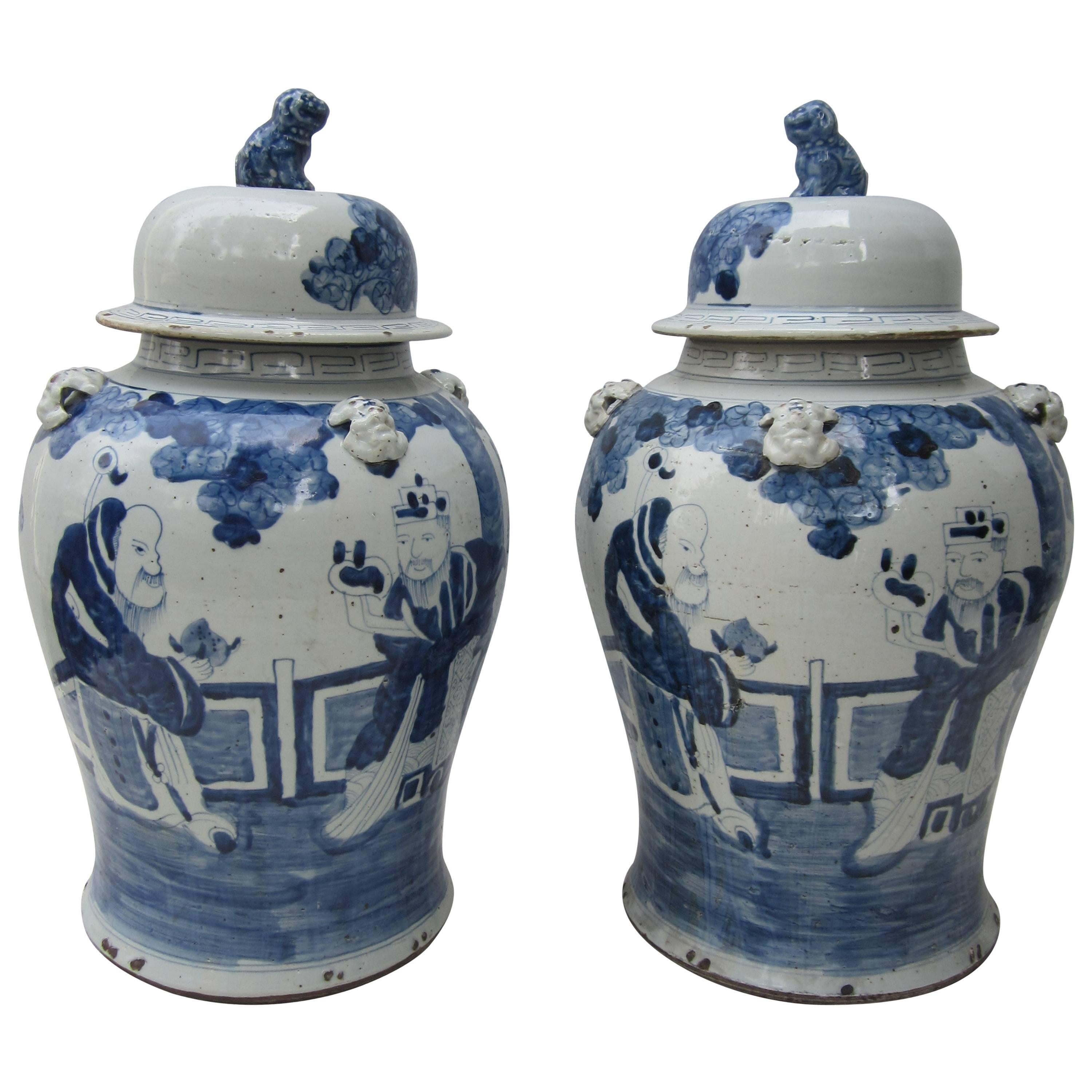 Large Pair of Chinese Blue and White Jars