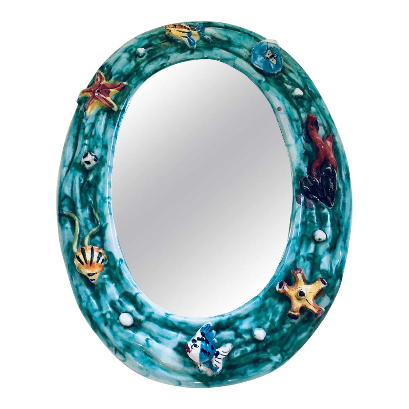 Specchio da parete ovale 'Ocean' in ceramica d'arte vintage di Supercasa, Italia, anni '60 in vendita