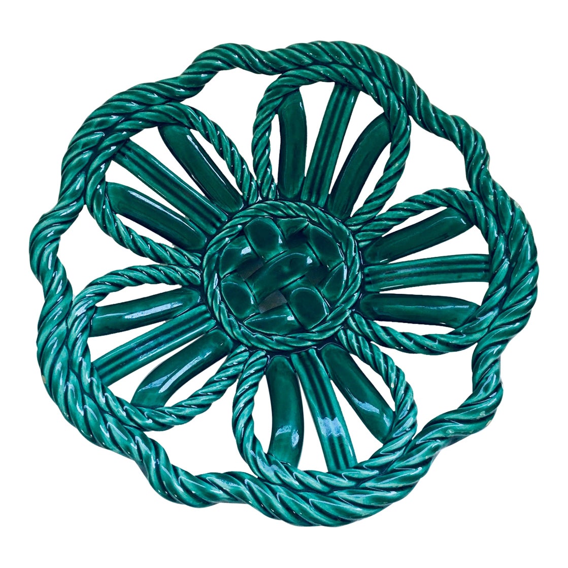 Midcentury Art Ceramics Green Braided Woven Bowl by Vallauris, France 1950's For Sale