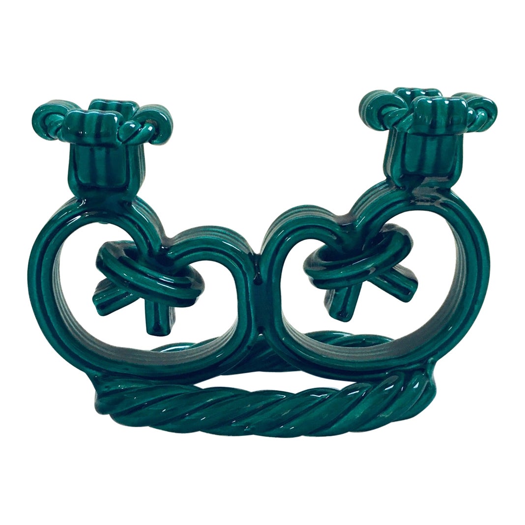Vintage Art Ceramics Green Braided Candle Holder by Vallauris, France 1950's