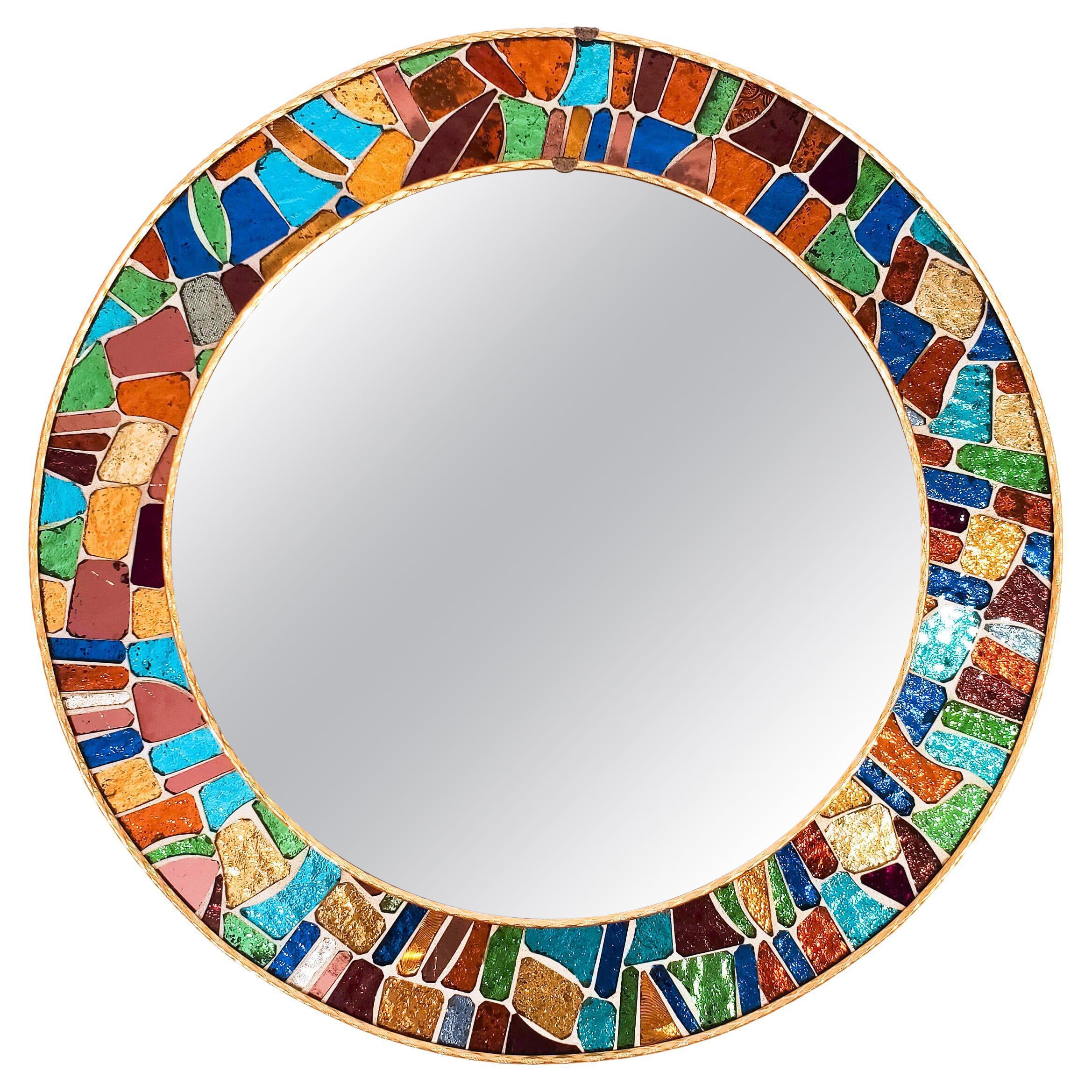 Multicoloured glass mosaic hand-crafted brutalist wall mirror, Spain, 1960s im Angebot