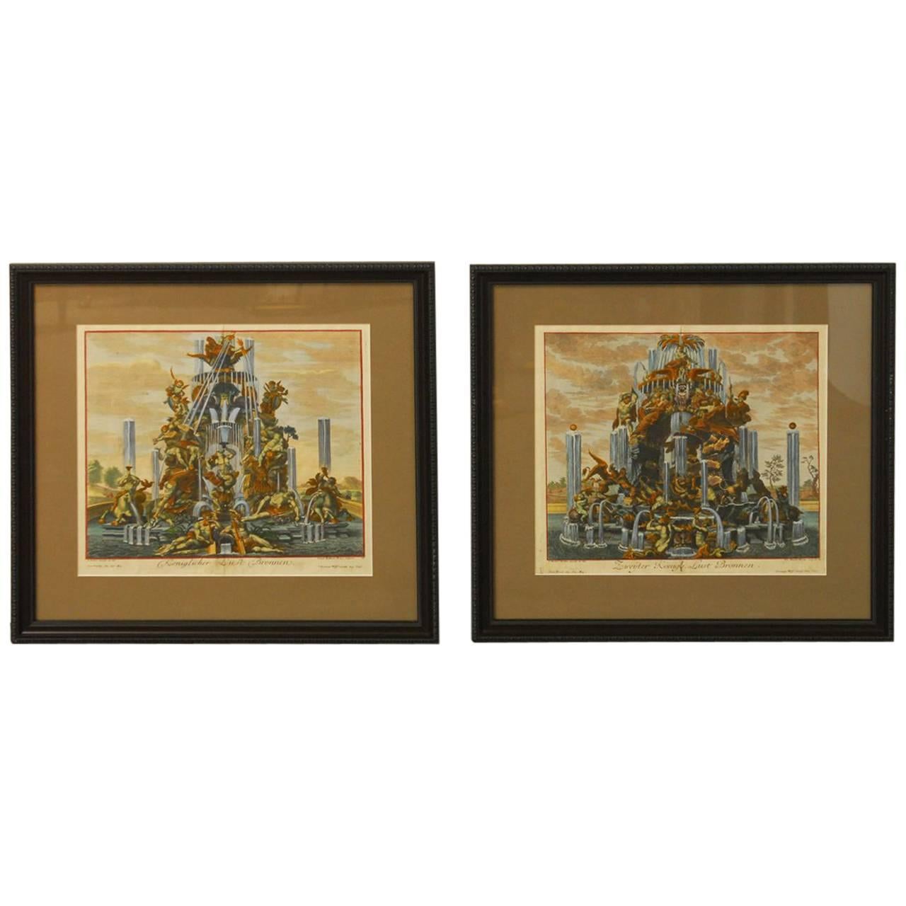 Gorgeous pair of etchings featuring battle scenes of Greco-Roman mythological characters set over a fountain. The scenes feature Hercules, the muses, cherubs, griffins, lions, bears, leopards, Pegasus and other heroes. Engraved by John Balthasar