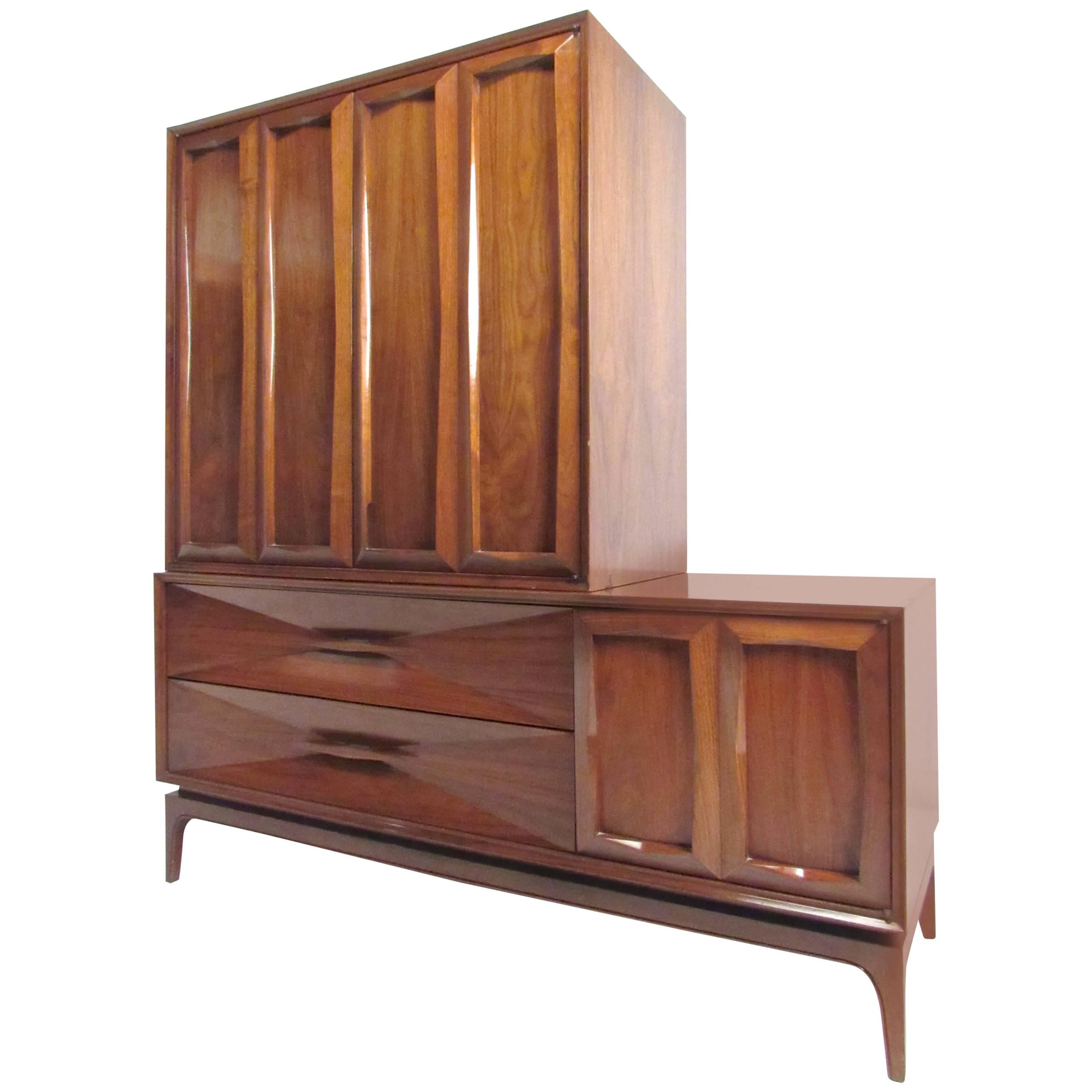 Two-Piece Mid-Century Sculpted Bedroom Dresser For Sale
