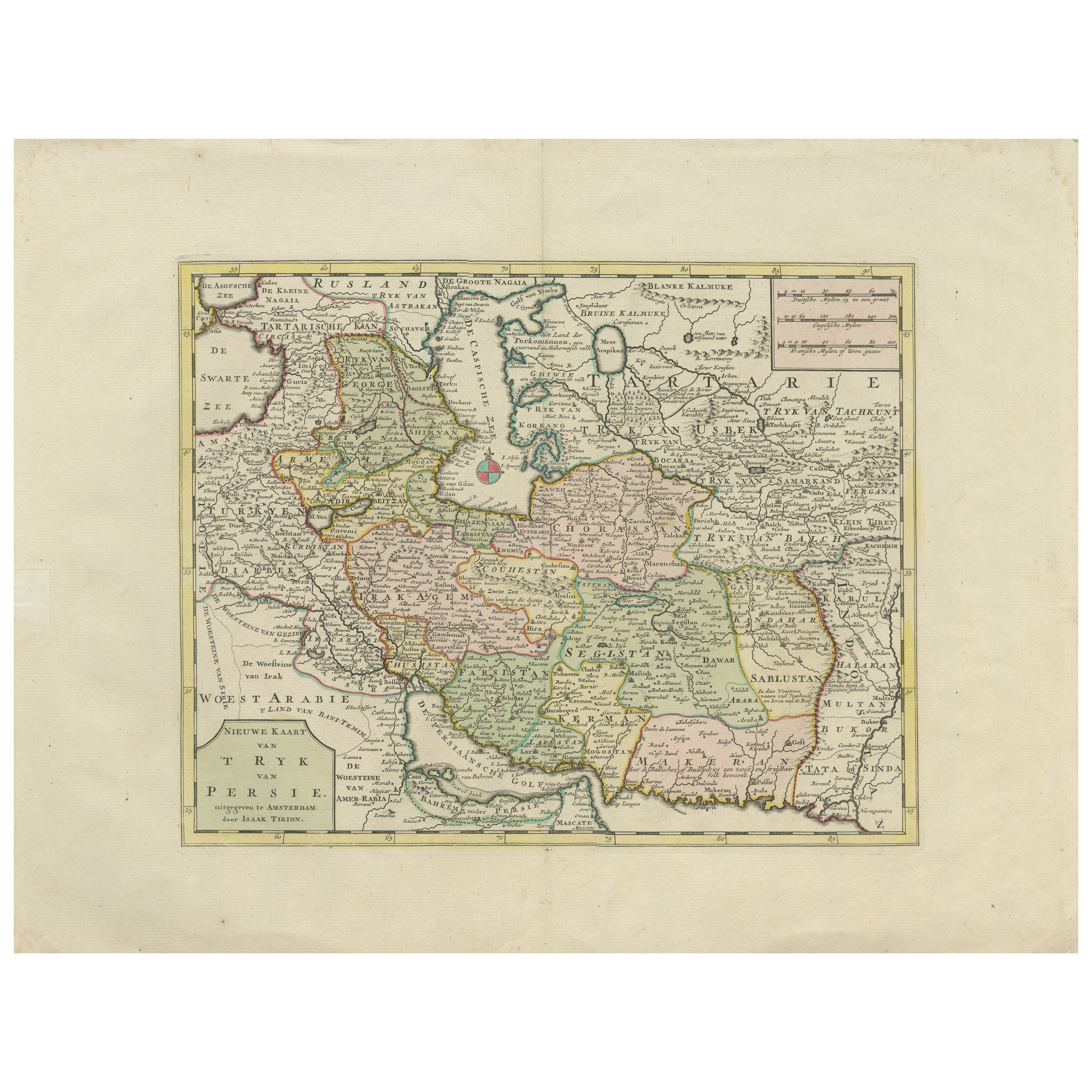 Map of the Persian Empire circa 1750 by Tirion – Hand-Colored Dutch Map For Sale