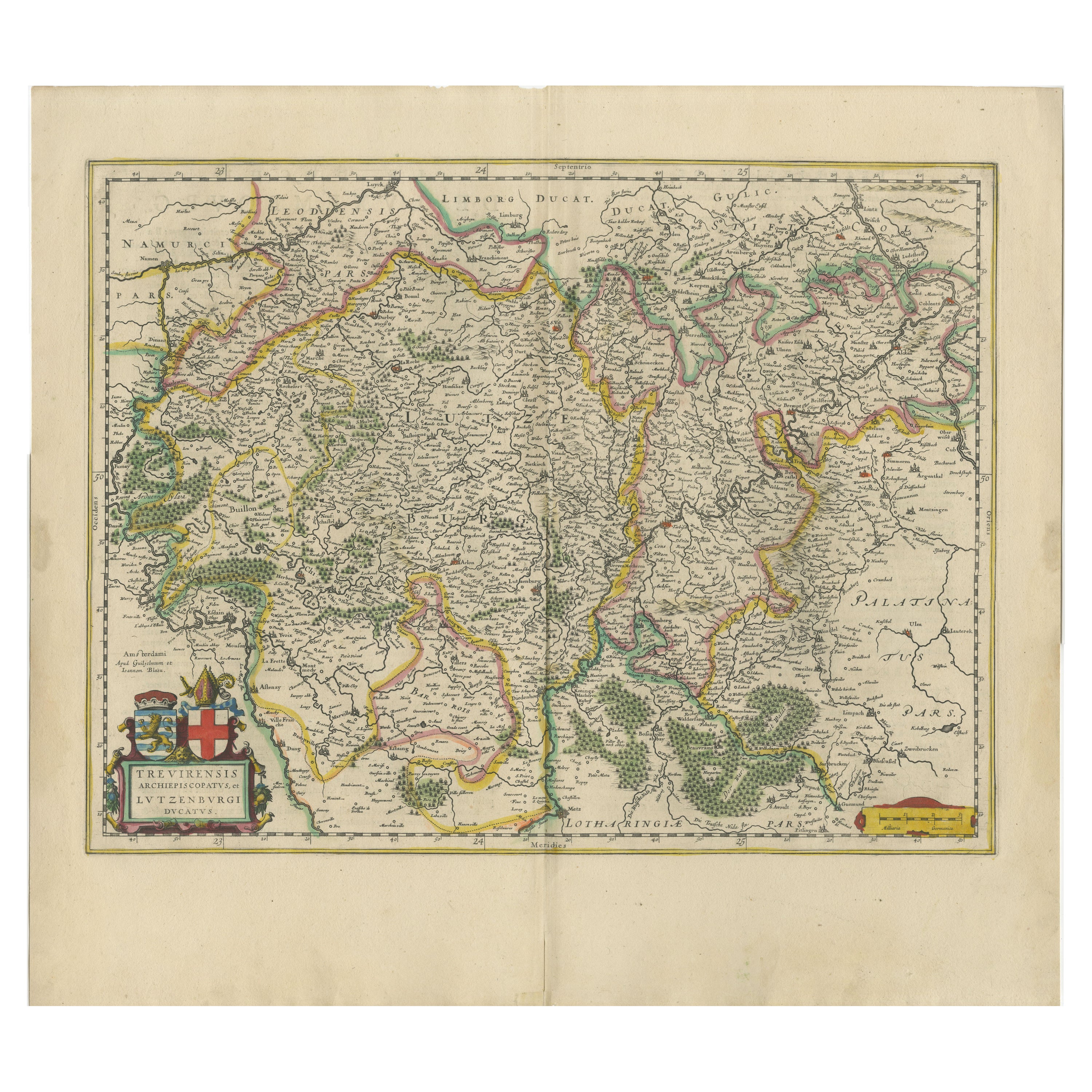 Original Antike Karte von Trier und Luxemburg von Joan Blaeu, Amsterdam um 1640 im Angebot