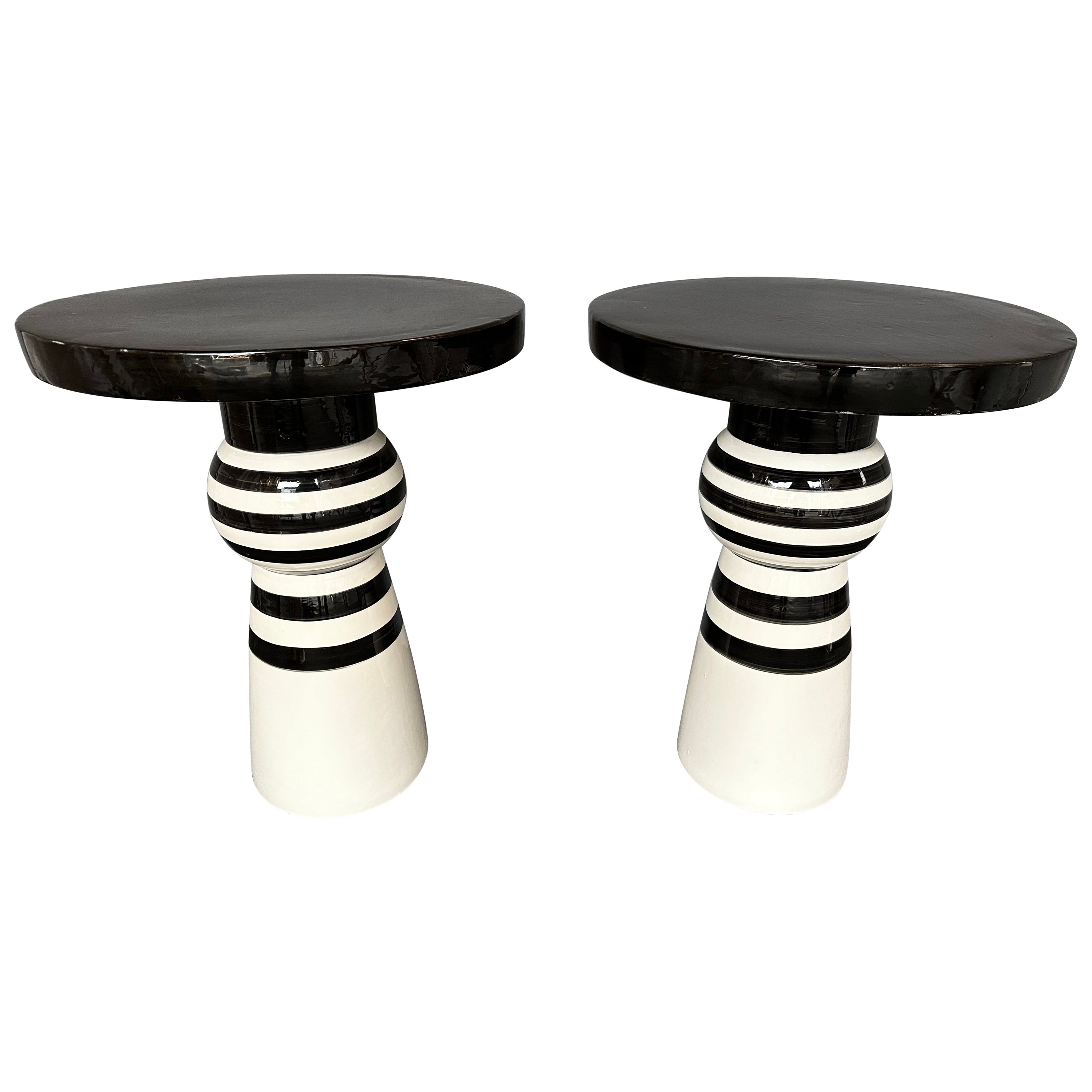 Contemporary Pair of Black and White Ceramic Stripe Side Tables. Italy For Sale