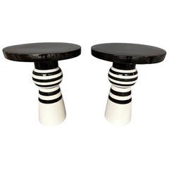 Contemporary Pair of Black and White Ceramic Stripe Side Tables. Italy