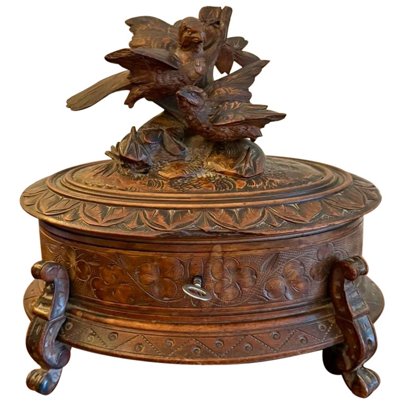 Antique Victorian Quality Carved Walnut Oval Black Forest Jewellery Box For Sale