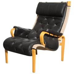 Bruno Mathsson Style Black Leather Lounge Chair