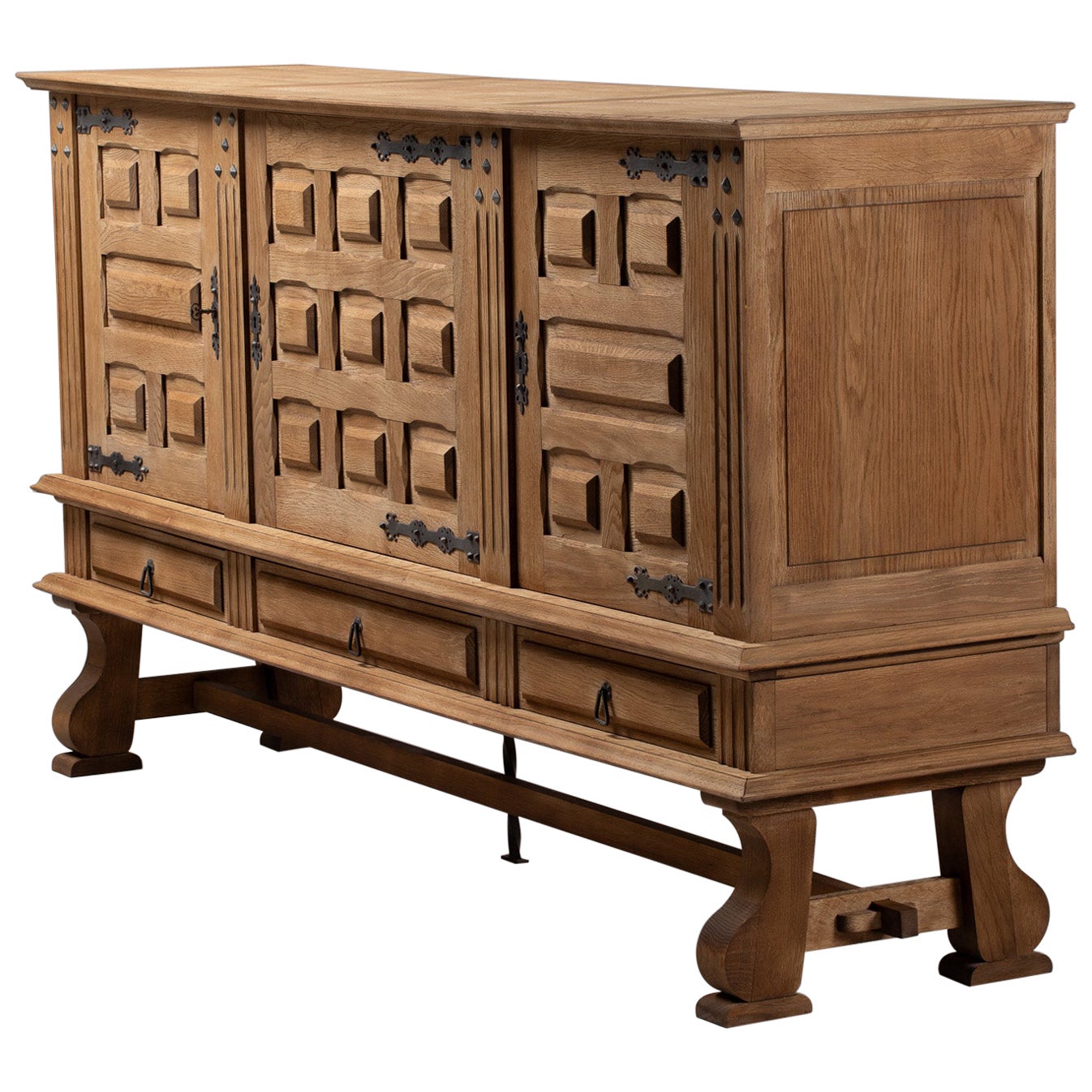 French Oak Buffet with Carved Panels and Iron Detailing, 1940s For Sale