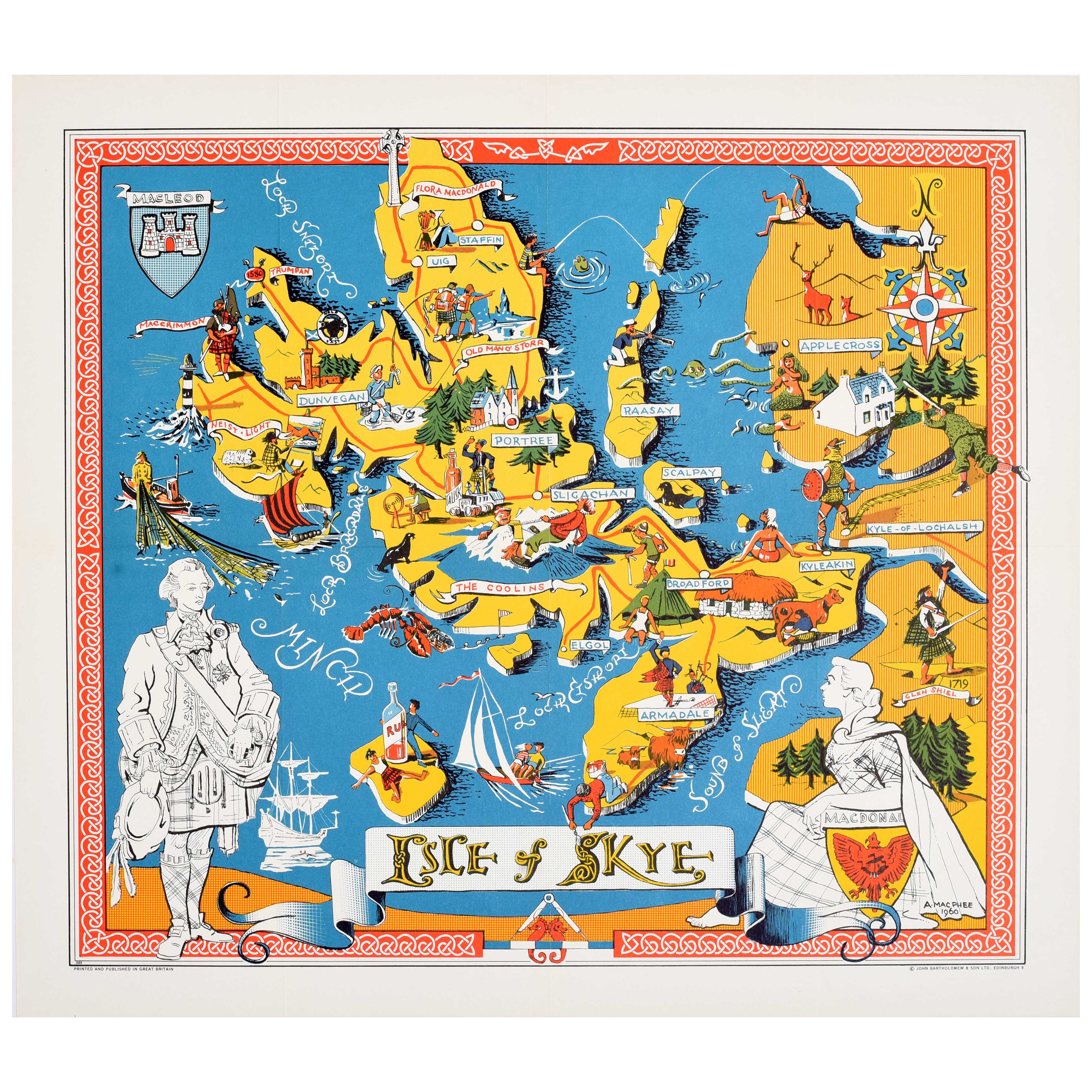 Original Vintage Poster sle Of Skye Illustrated Map Scotland Macleod Macdonald