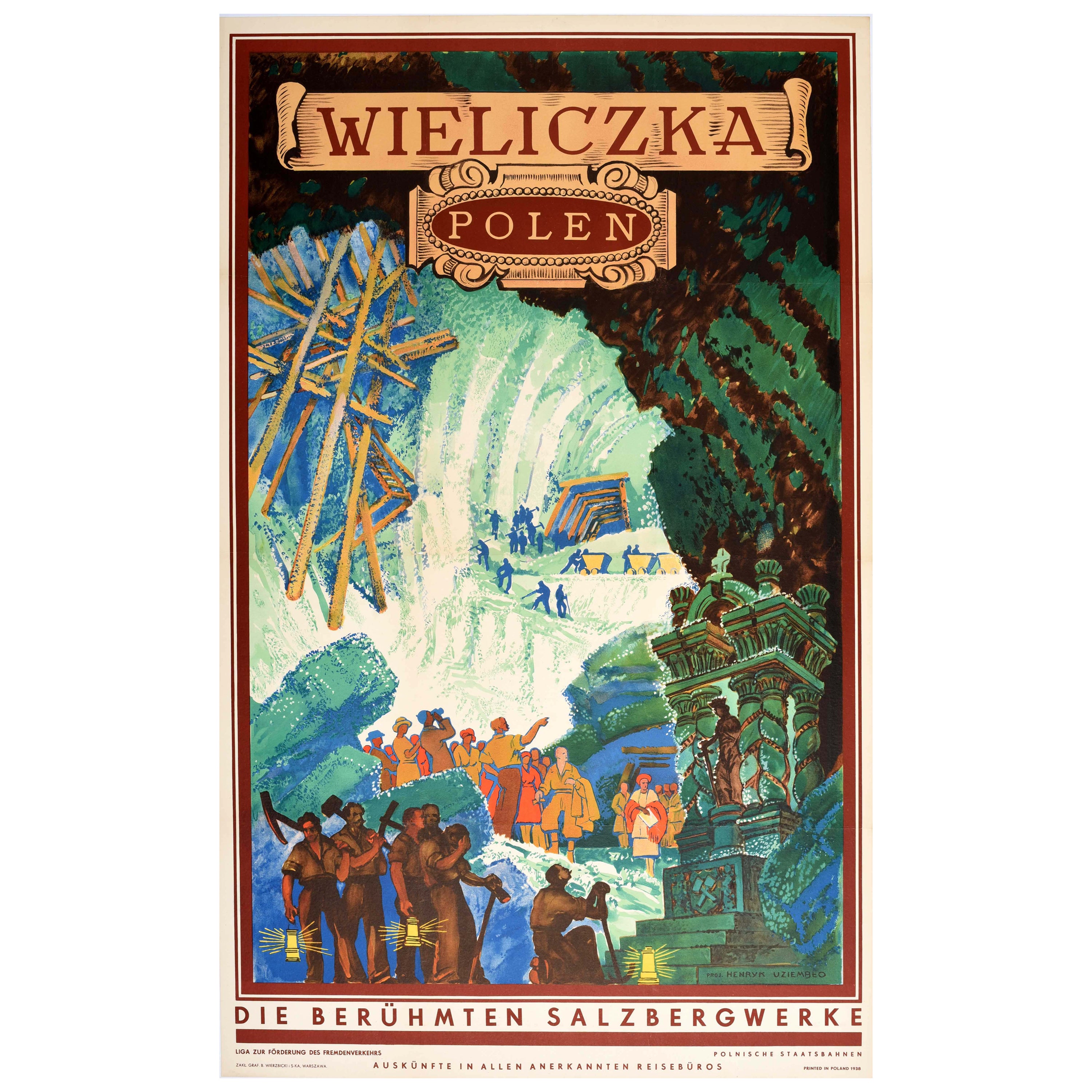 Original Vintage Travel Poster Wieliczka Polen Polen Art Deco Henryk Uziemblo im Angebot