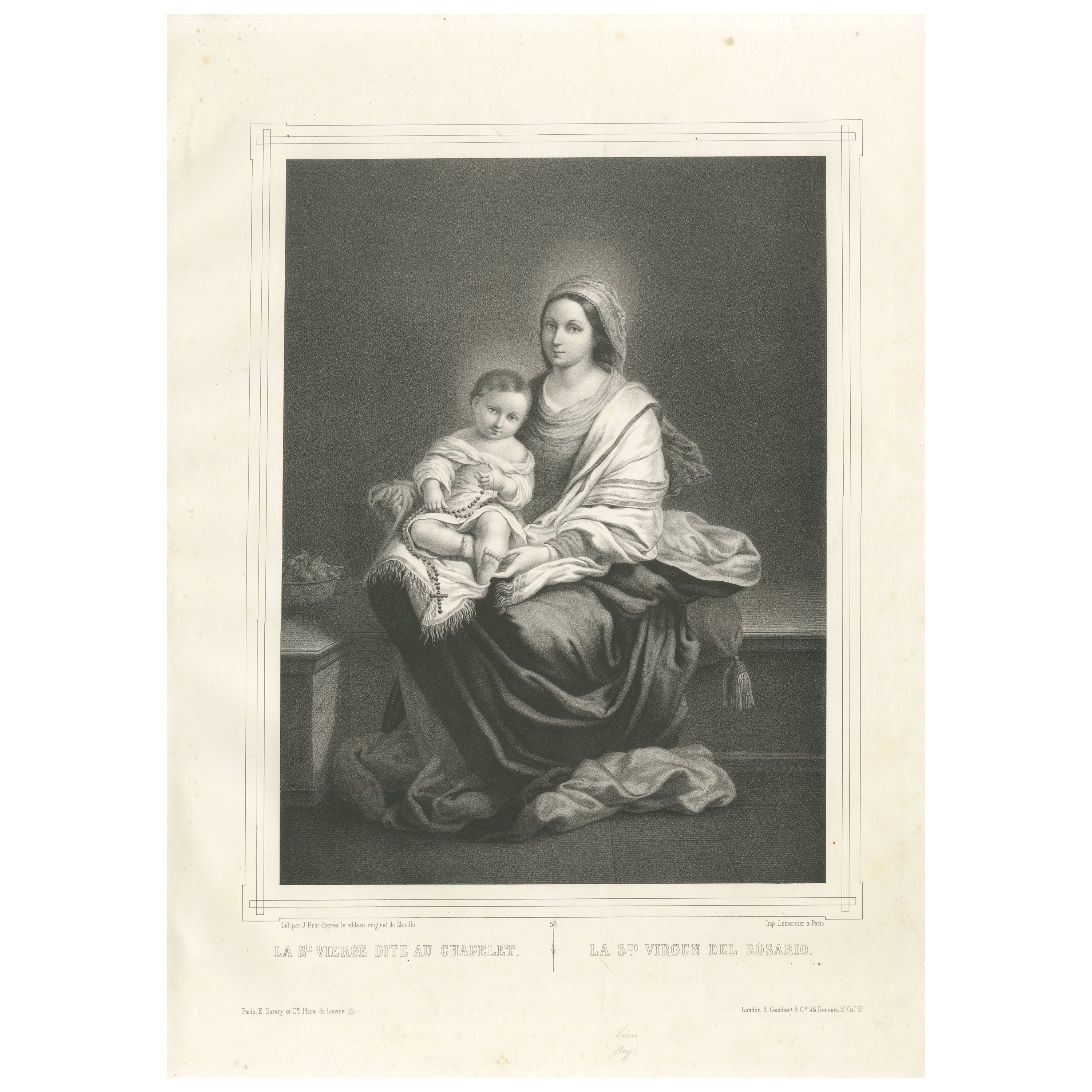 Madonna and Child with Rosary – Antique French Religious Print, c.1850 For Sale