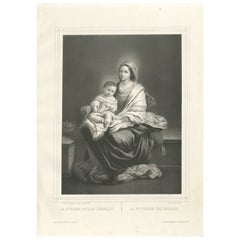 Madonna and Child with Rosary – Antique French Religious Print, c.1850