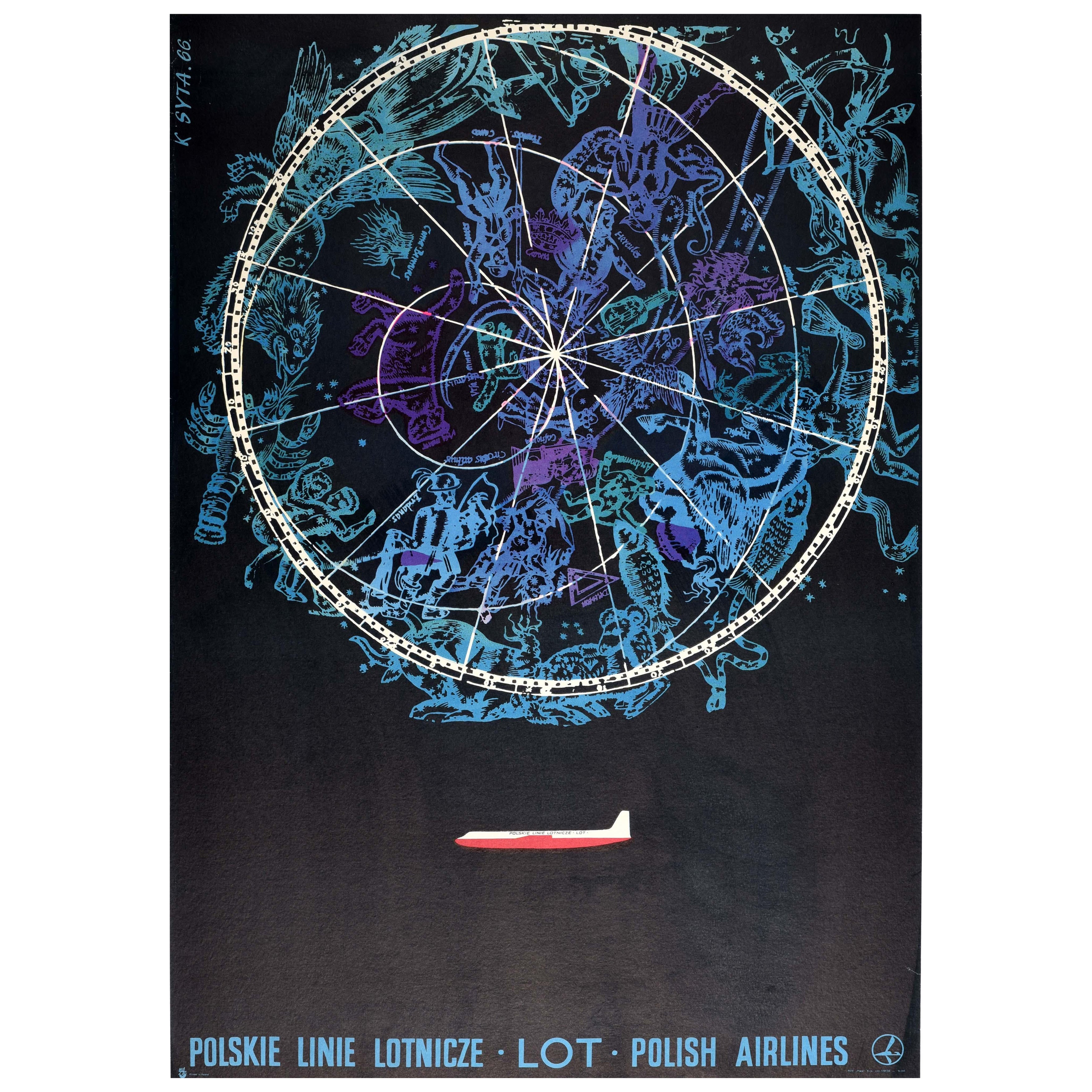 Original Vintage Travel Advertising Poster LOT Polish Airlines Astronomy Zodiac im Angebot