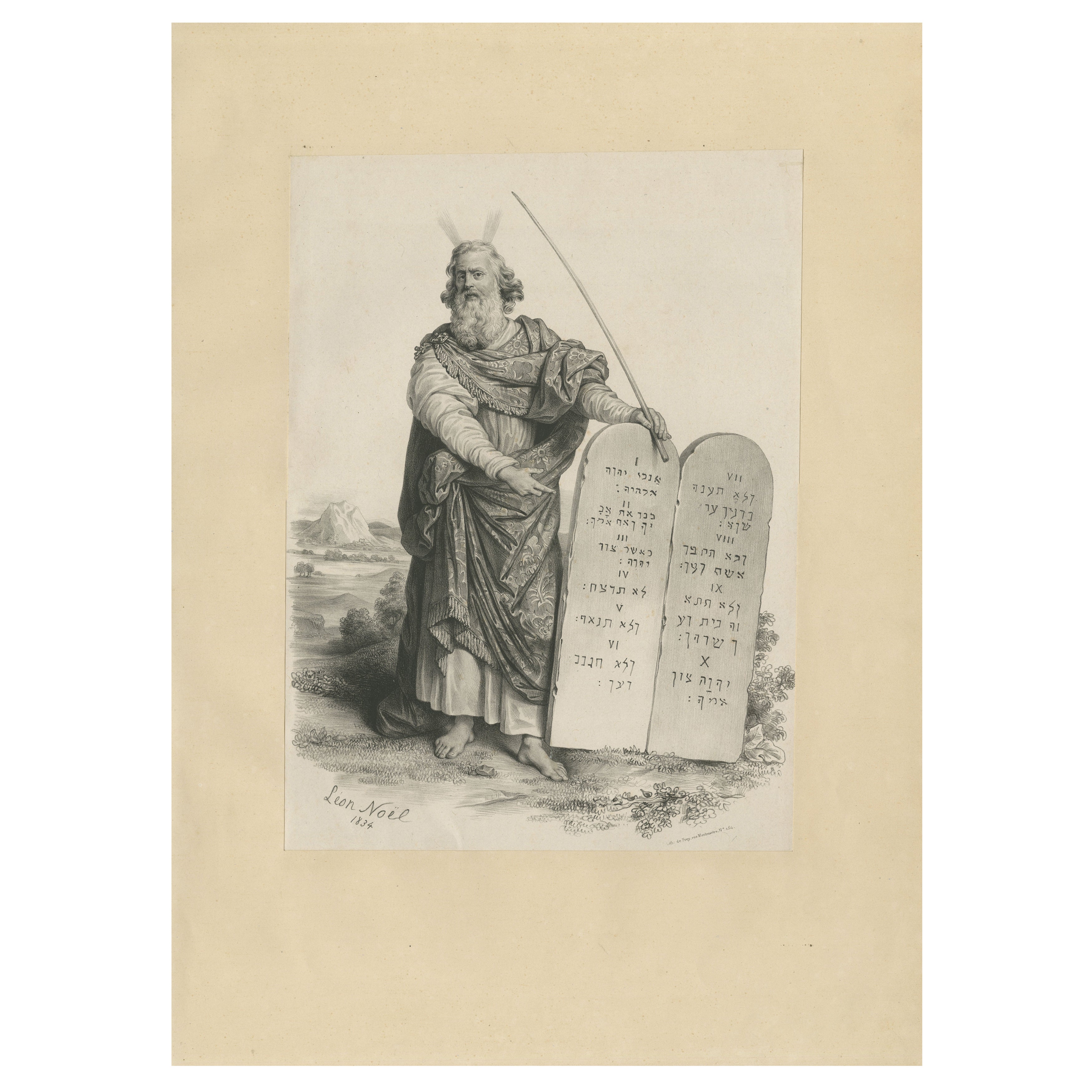 Moses with the Ten Commandments by Léon Noël – French Lithograph, 1844 For Sale