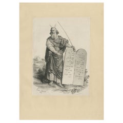 Antique Moses with the Ten Commandments by Léon Noël – French Lithograph, 1844