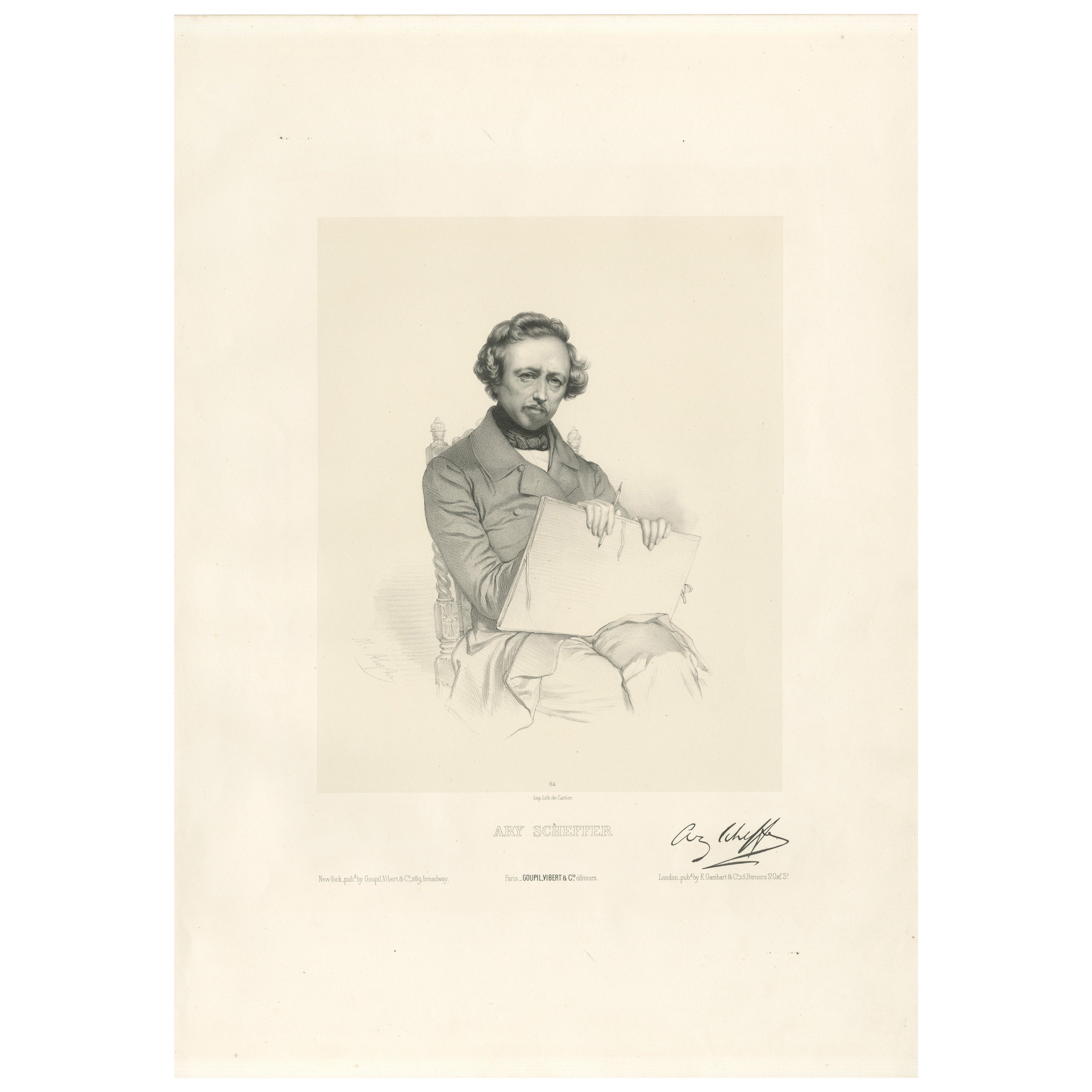 Litografía antigua Retrato de Ary Scheffer por Le Gout-Gérard, hacia 1855