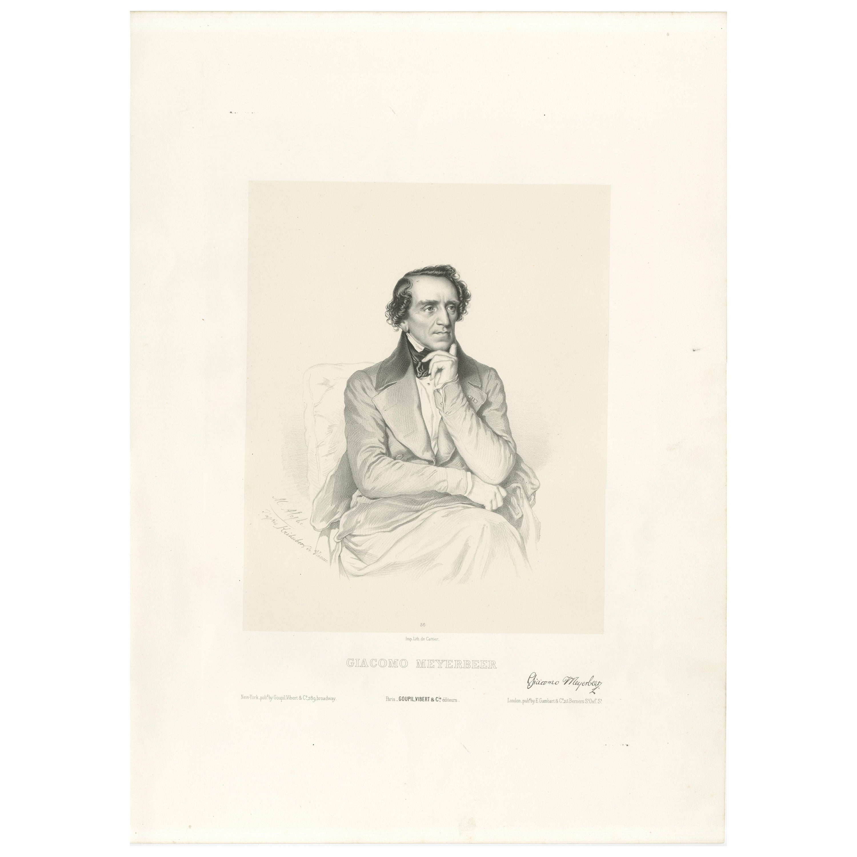 Retrato de Giacomo Meyerbeer por Le Gout-Gérard - Litografía del siglo XIX, 1855