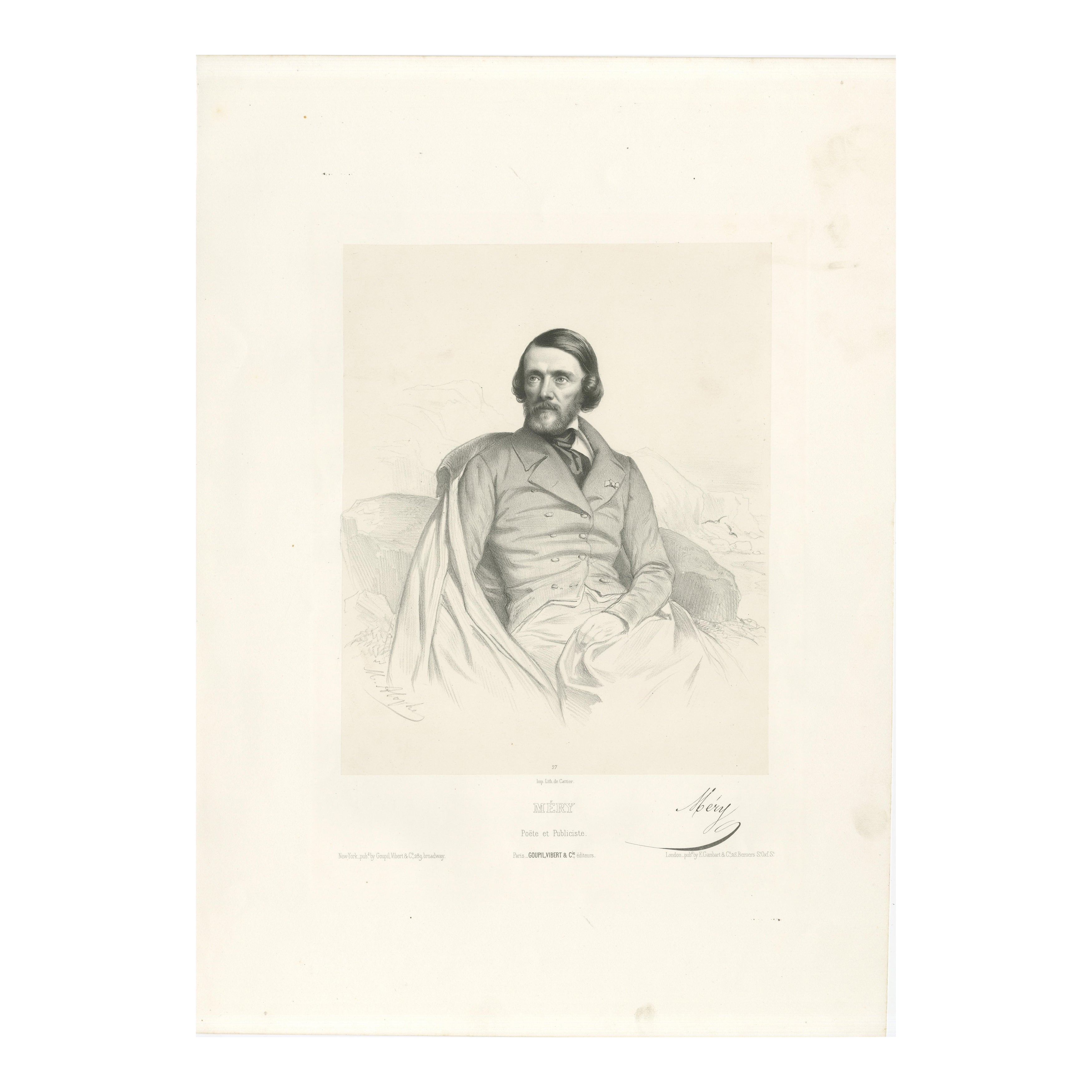Retrato de Joseph Méry - Poeta y publicista francés, litografía del siglo XIX