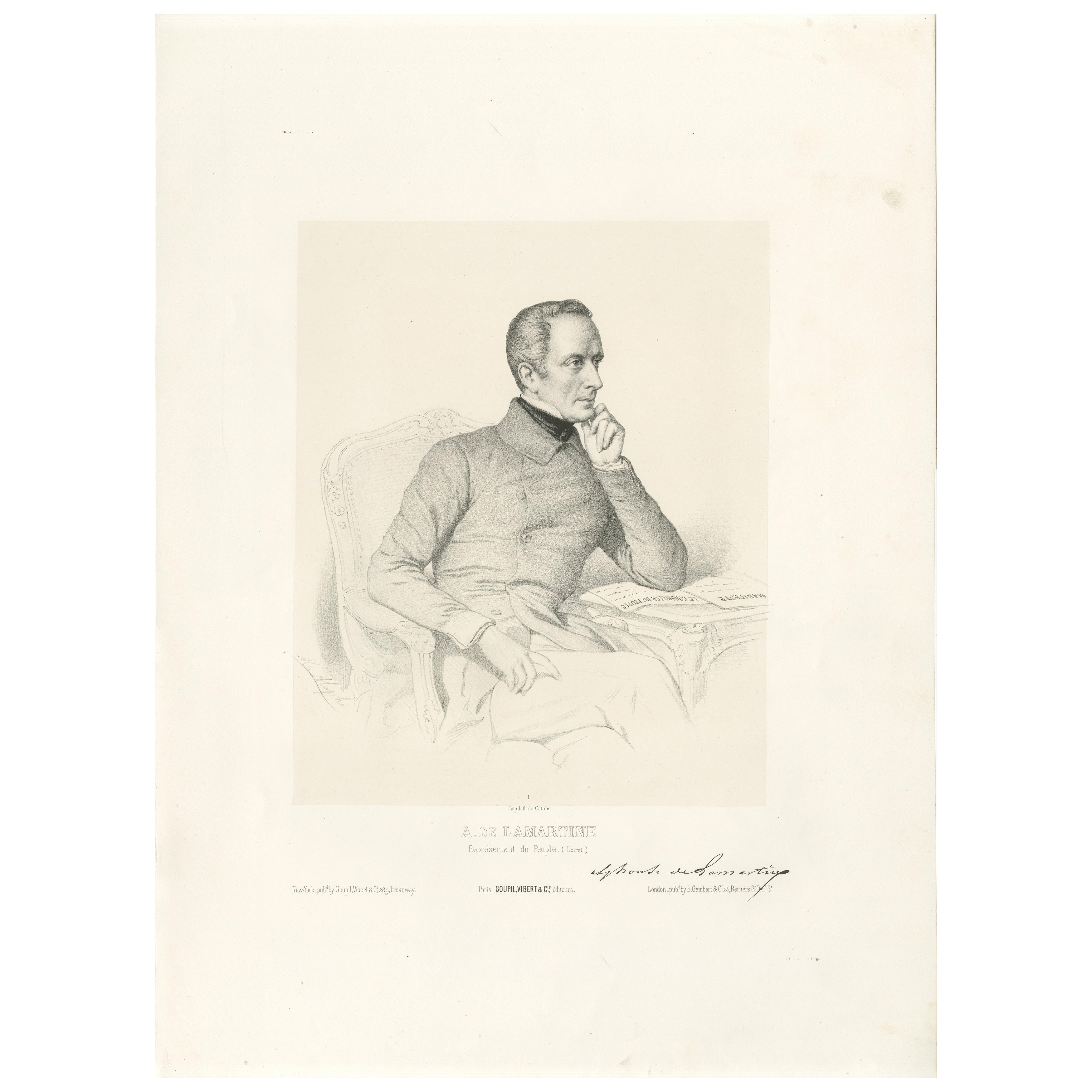 Retrato de Alfonso de Lamartine - Litografía del siglo XIX de Le Gout-Gérard en venta
