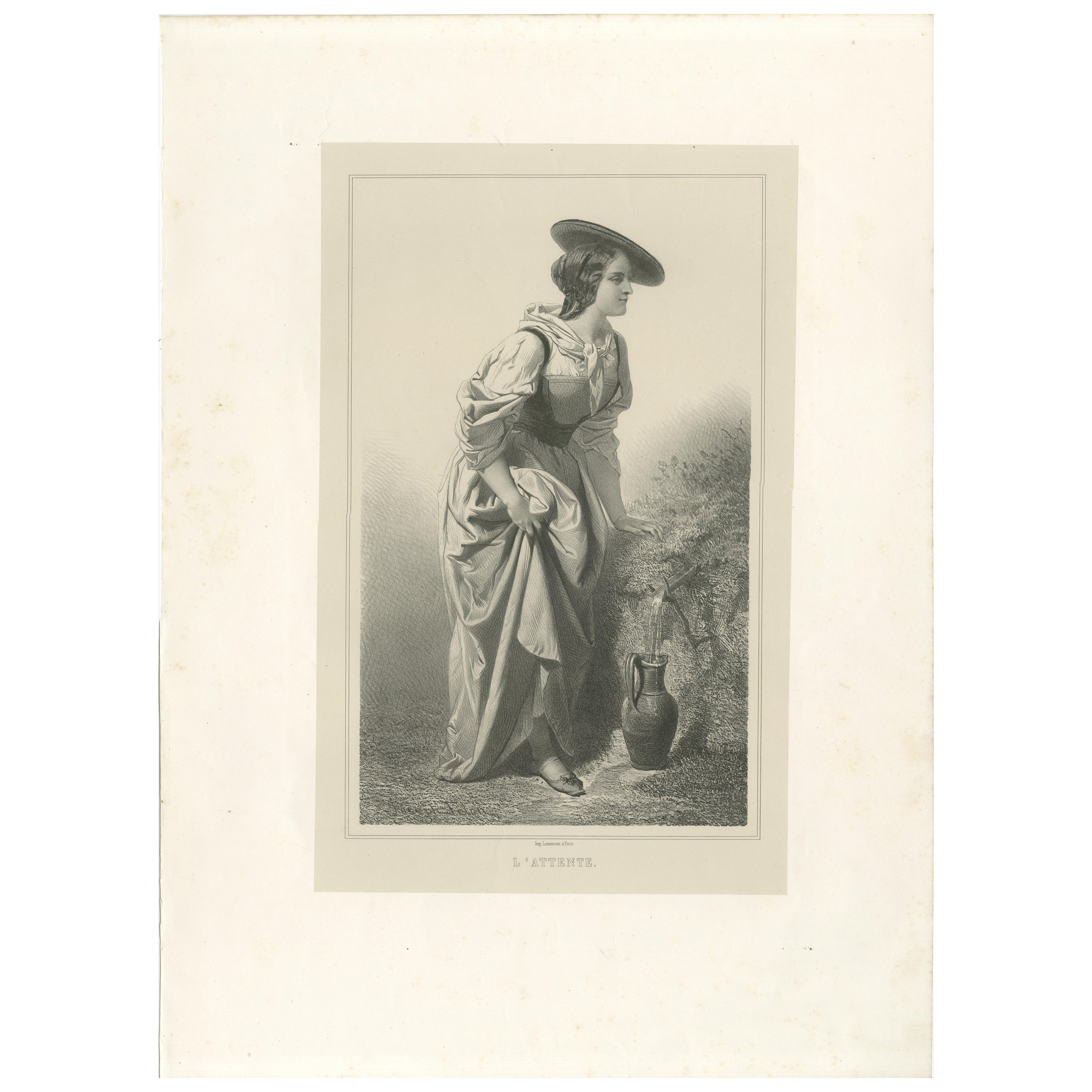 L’Attente – 19th Century French Lithograph of a Woman at the Fountain, ca.1840