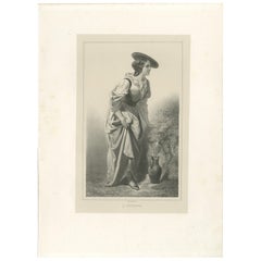 L’Attente – 19th Century French Lithograph of a Woman at the Fountain, ca.1840