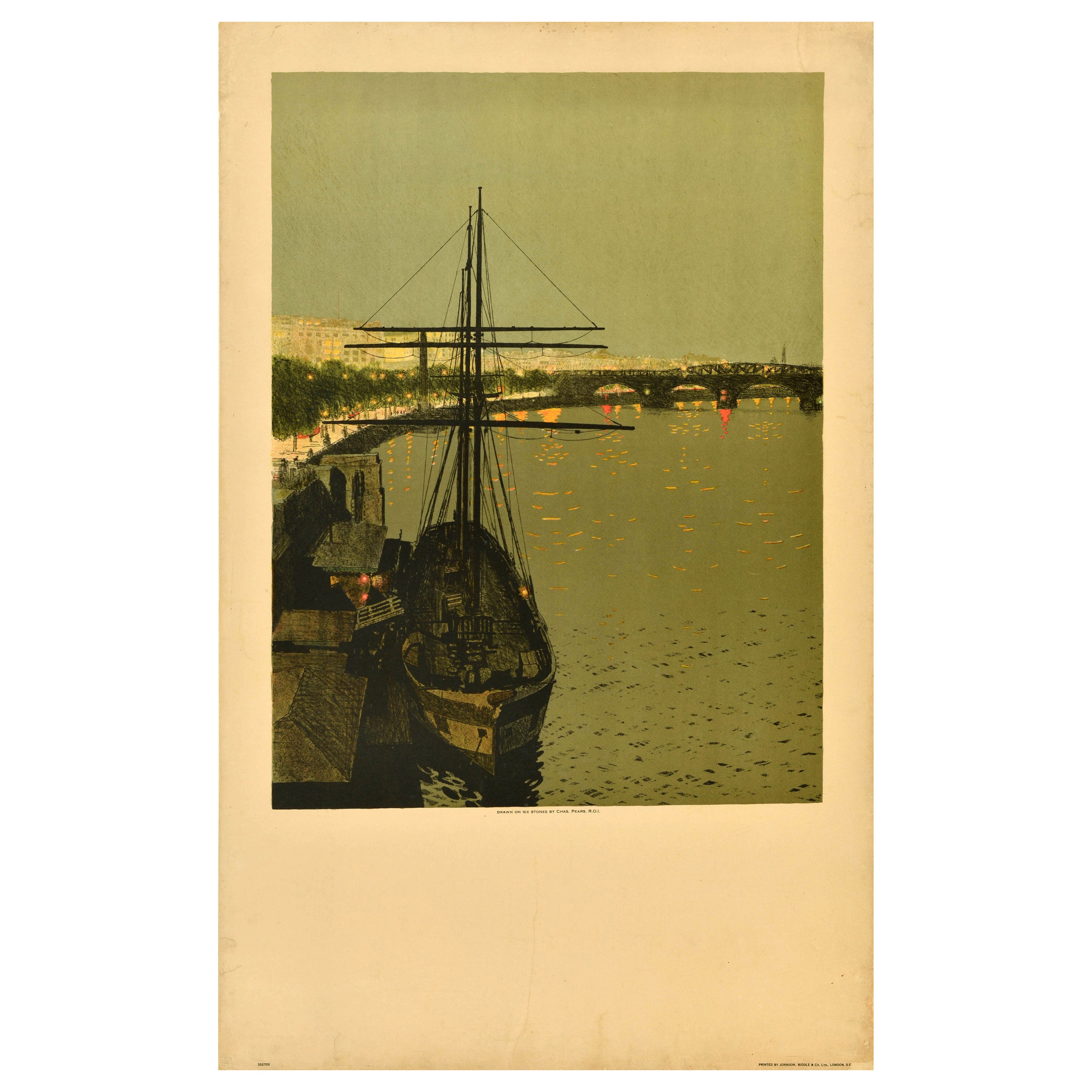 Poster originale d'epoca sui trasporti londinesi Chas Pears Boat Kings Reach Thames in vendita