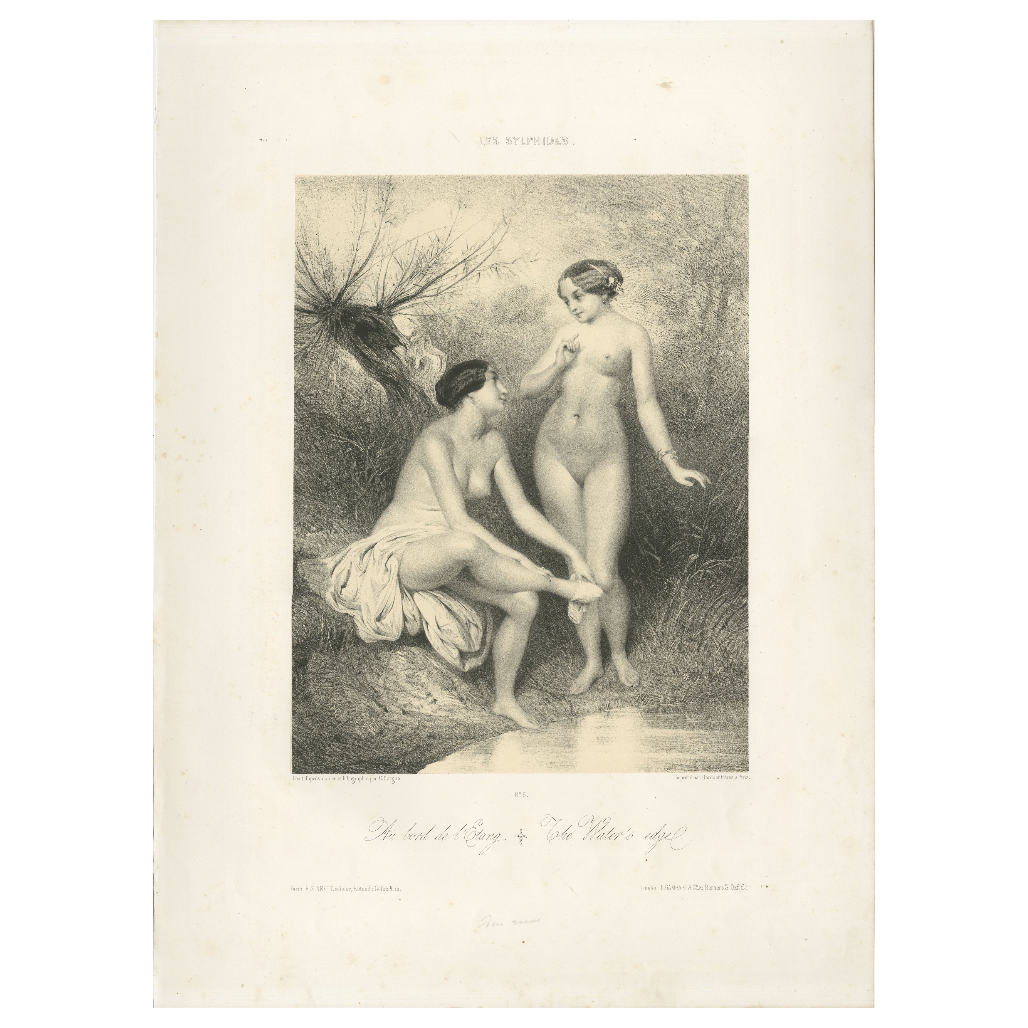 Les Sylphides - La orilla del agua, litografía de desnudo romántico, París circa 1840 en venta
