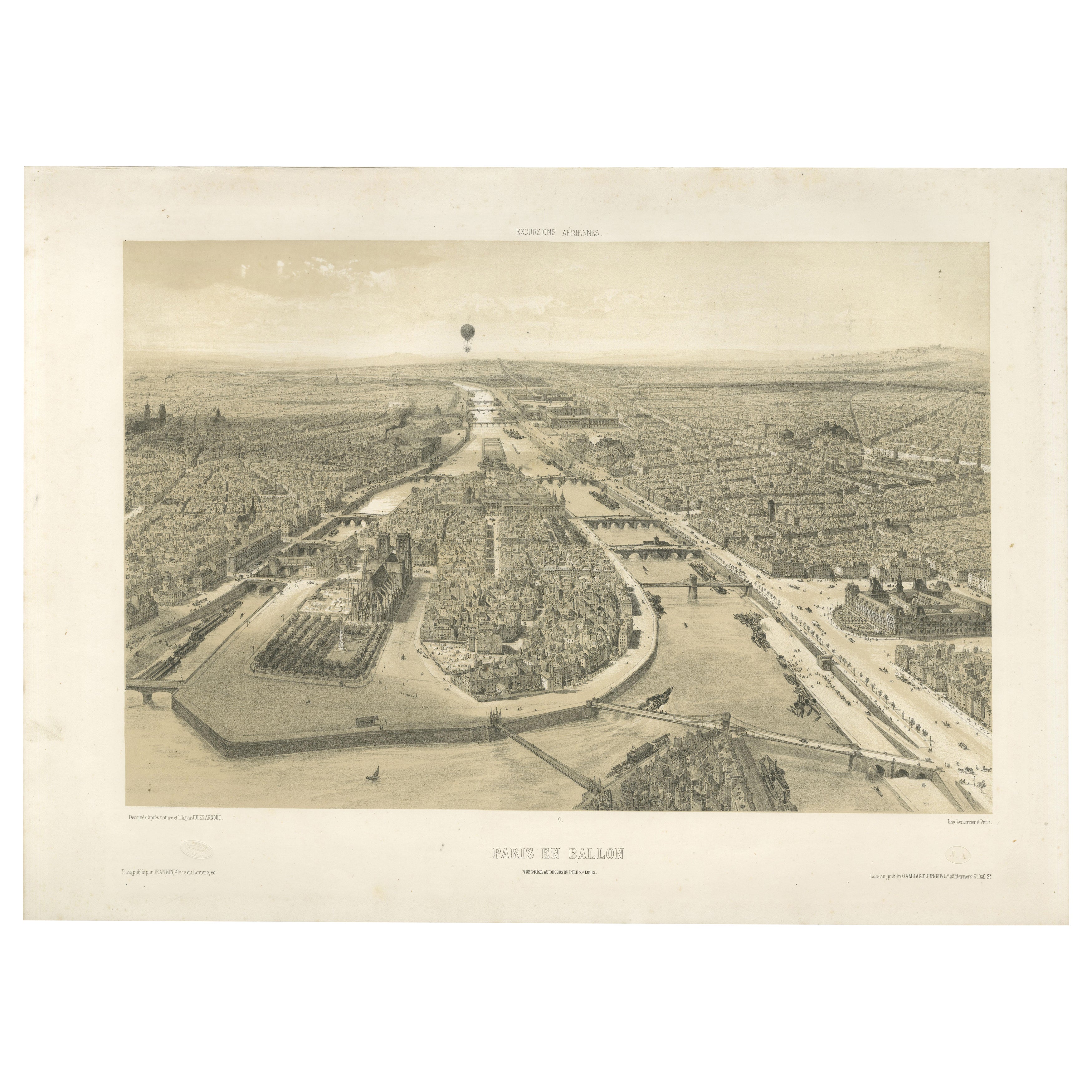 Paris en Ballon – Aerial View of Paris from a Balloon, Lithograph by Albert 1850 For Sale