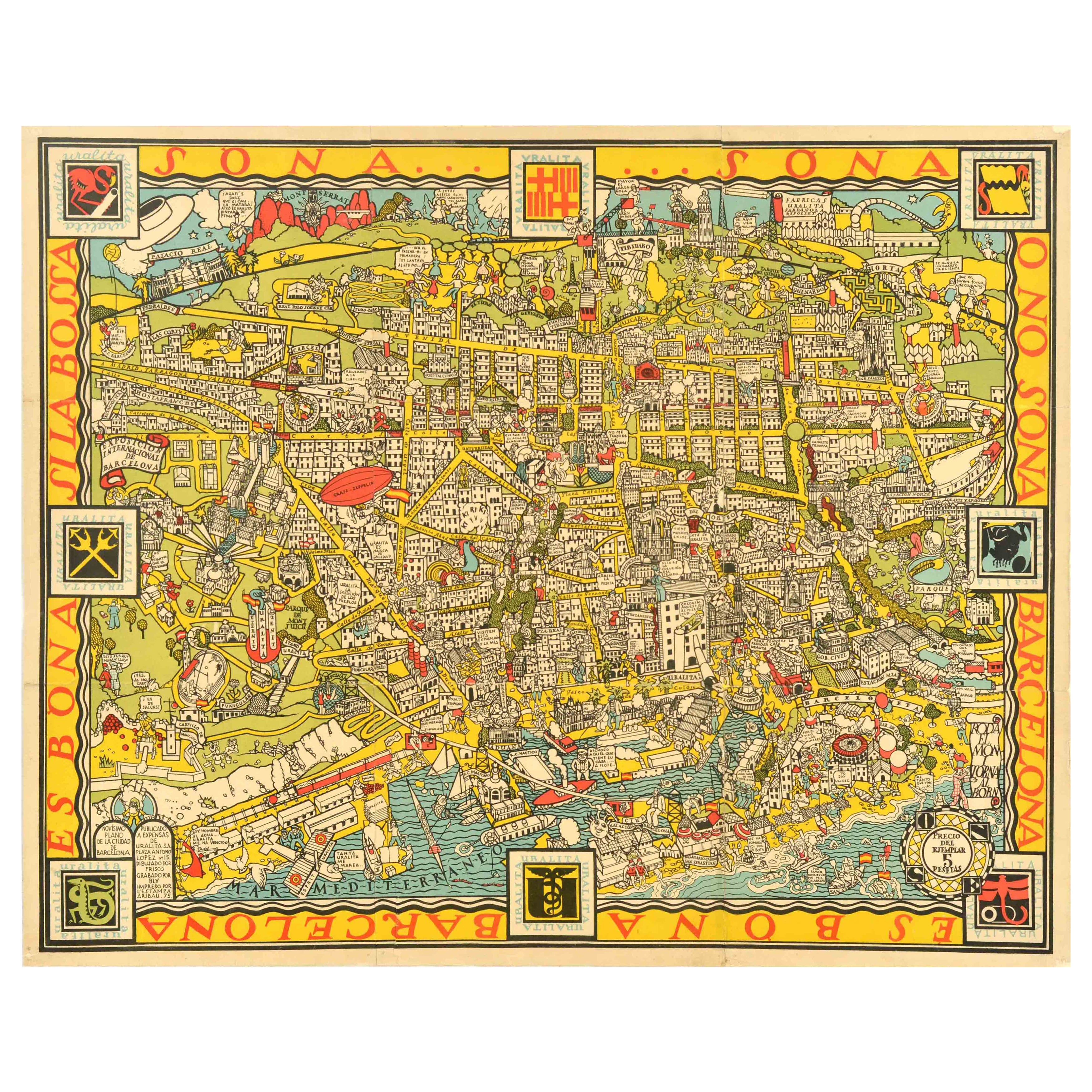 Original Vintage Travel Map Poster Barcelona Karte International Exposition Spanien