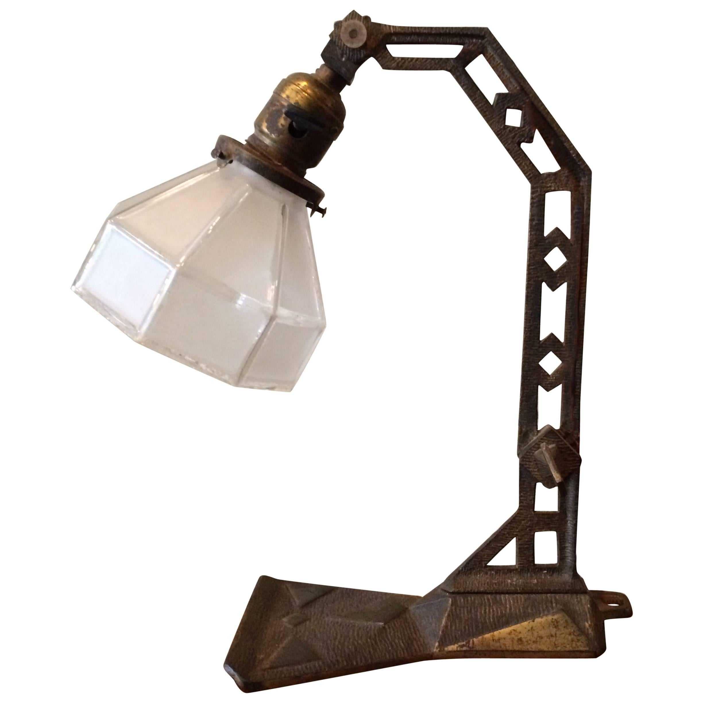 Arts & Crafts Cast Iron Table Lamp with Frosted Glass Shade