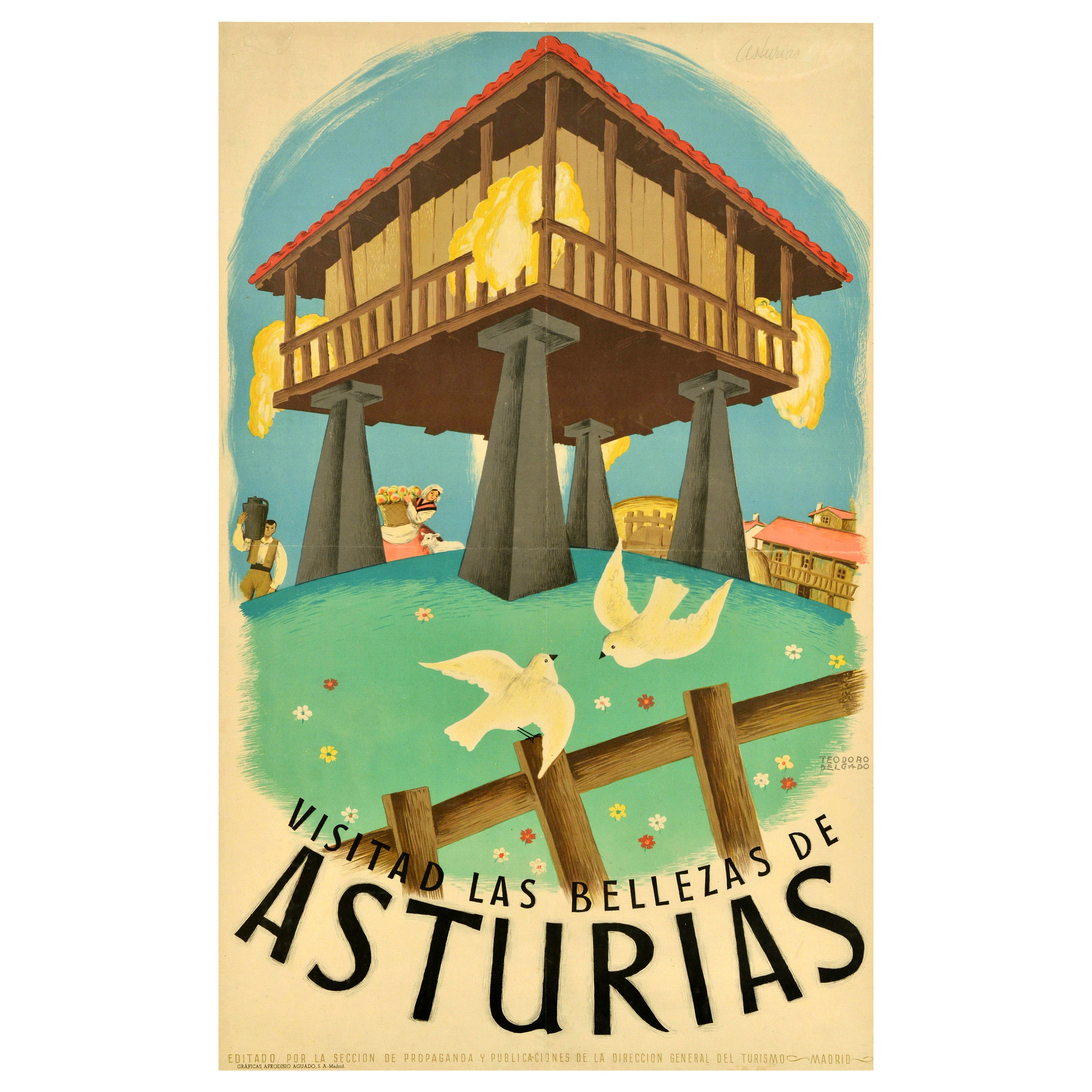 Original Vintage Spanien Reiseplakat Asturi Horreo Asturias Teodoro Delgado