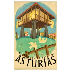 Original Vintage Spain Travel Poster Asturi Horreo Asturias Teodoro Delgado