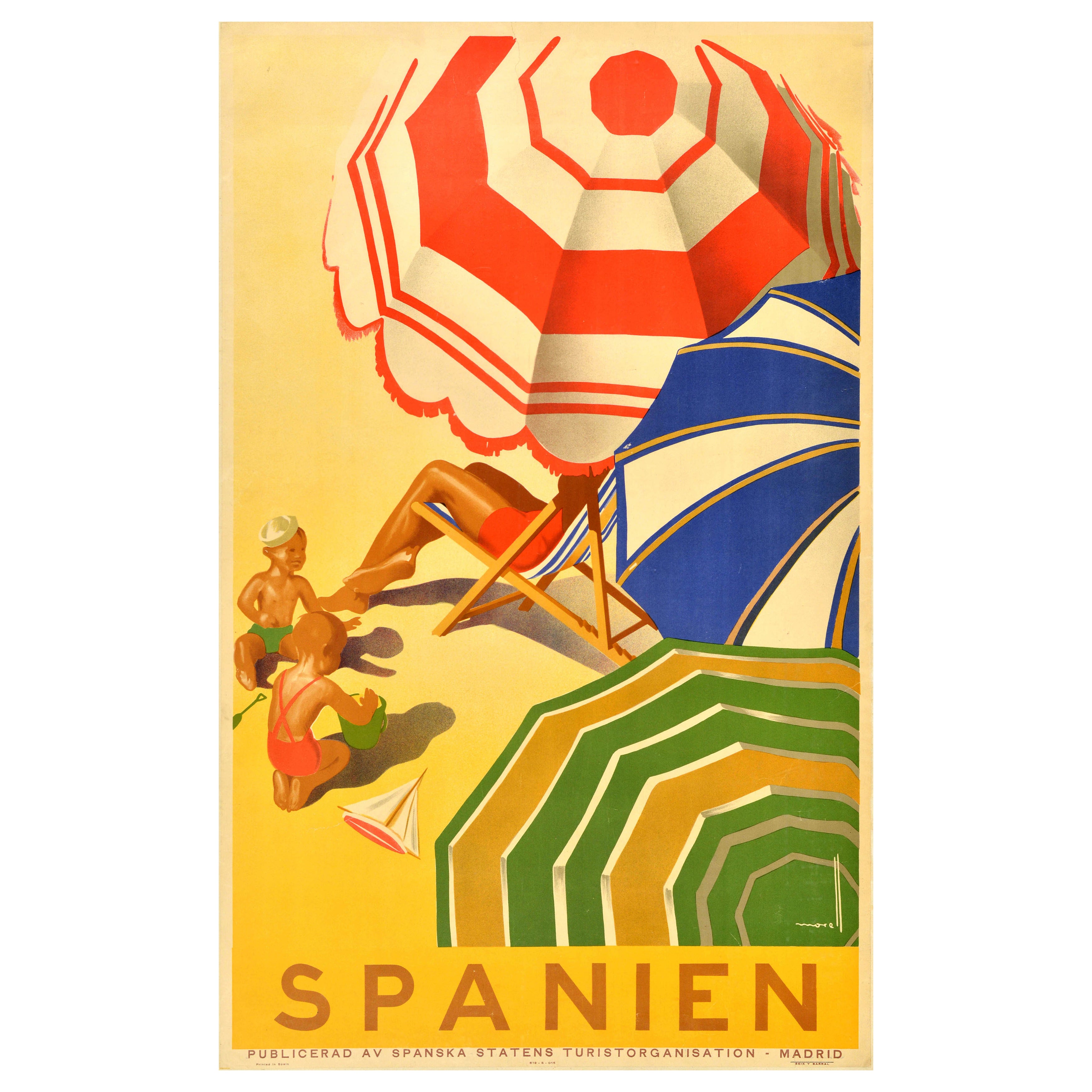 Poster di viaggio per vacanze estive originale d'epoca Spanien Spagna Morell Parasols in vendita