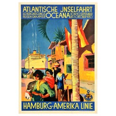 Original Vintage Cruise Ship Travel Poster Hamburg Amerika Linie Atlantic Island