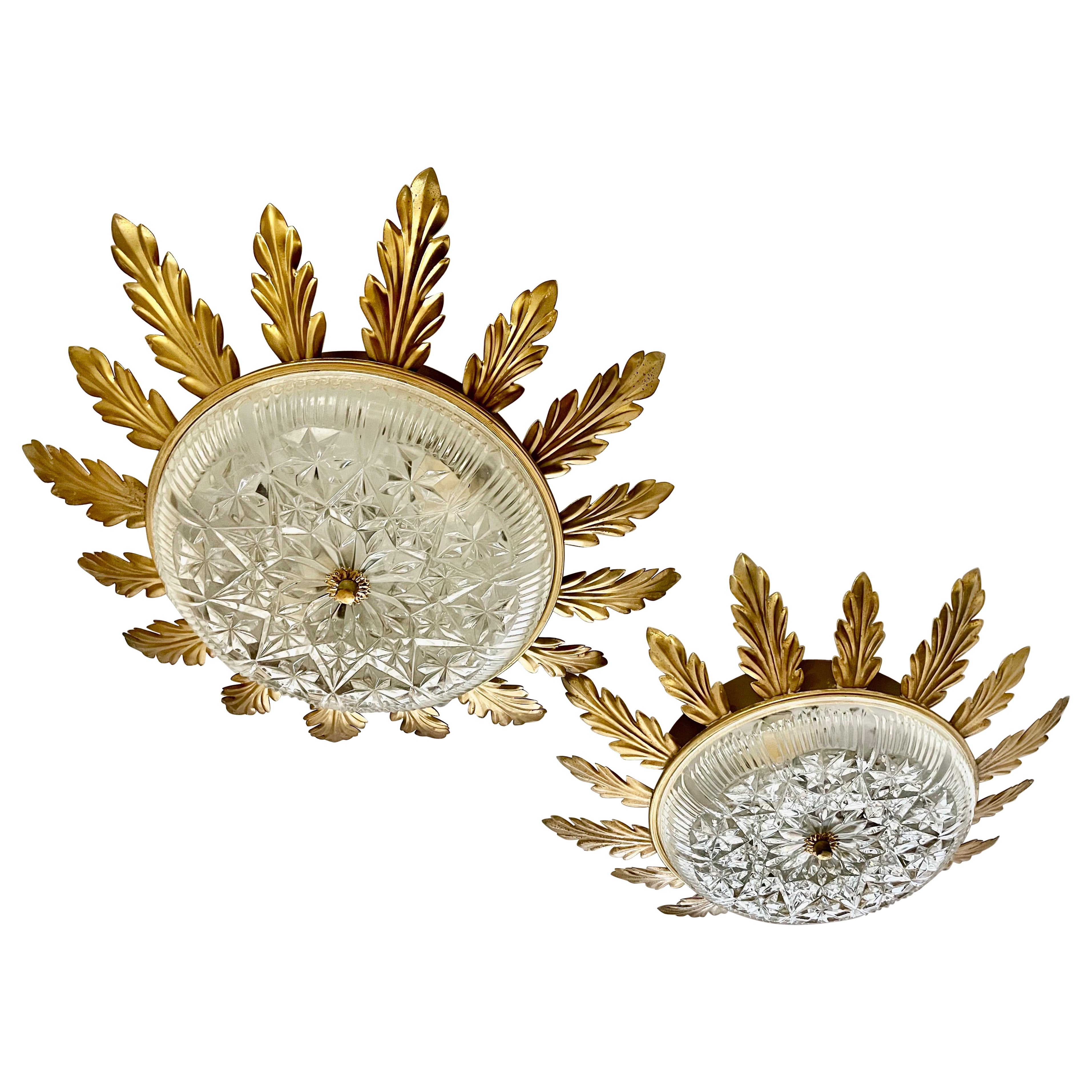 Sunbursts flush mount metal with crystal gilt gold , Spain 1960s For Sale