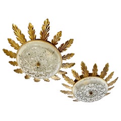 Sunbursts flush mount metal with crystal gilt gold , Spain 1960s