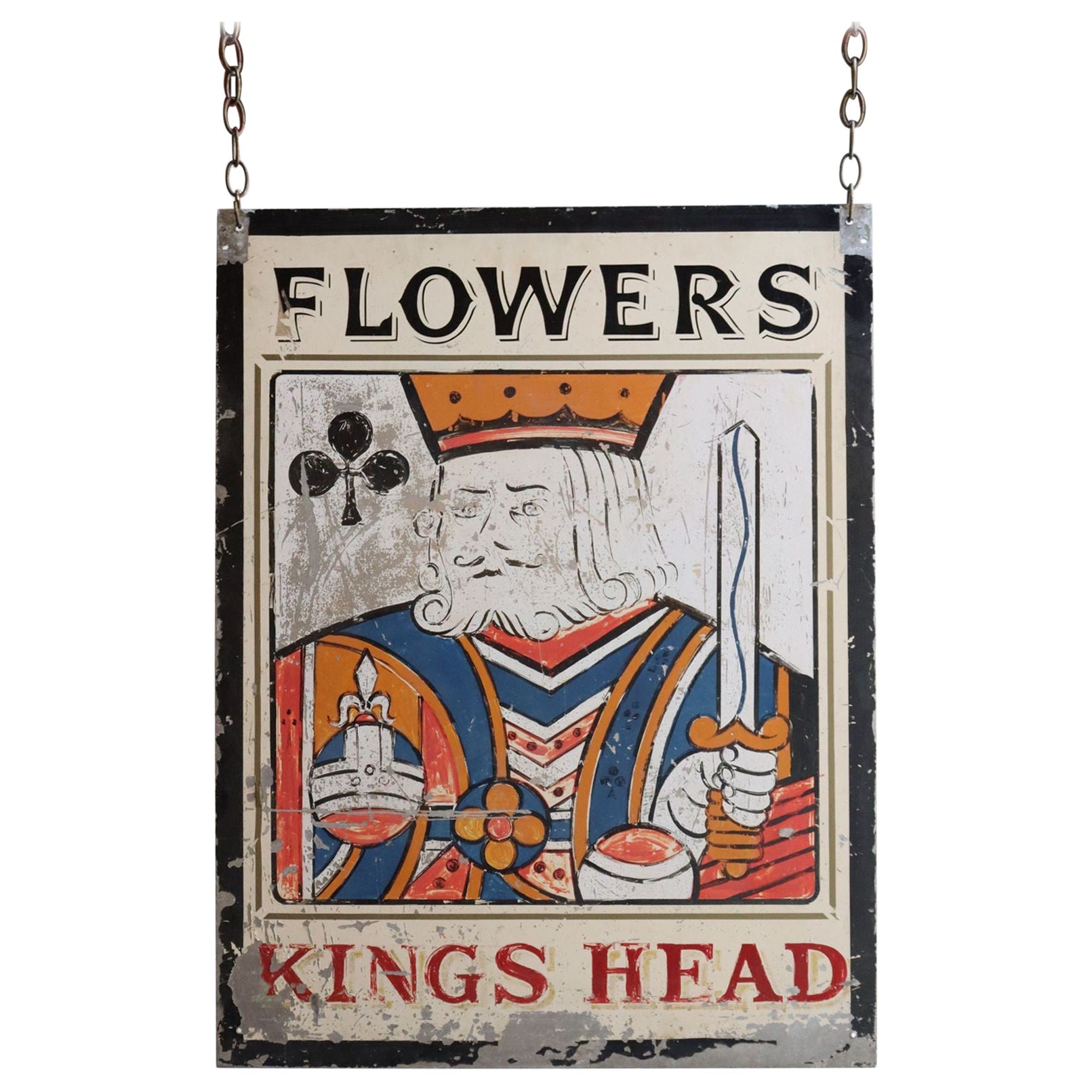 Early 20th Century Double-Sided "Kings Head" Hand Painted Metal English Pub Sign For Sale