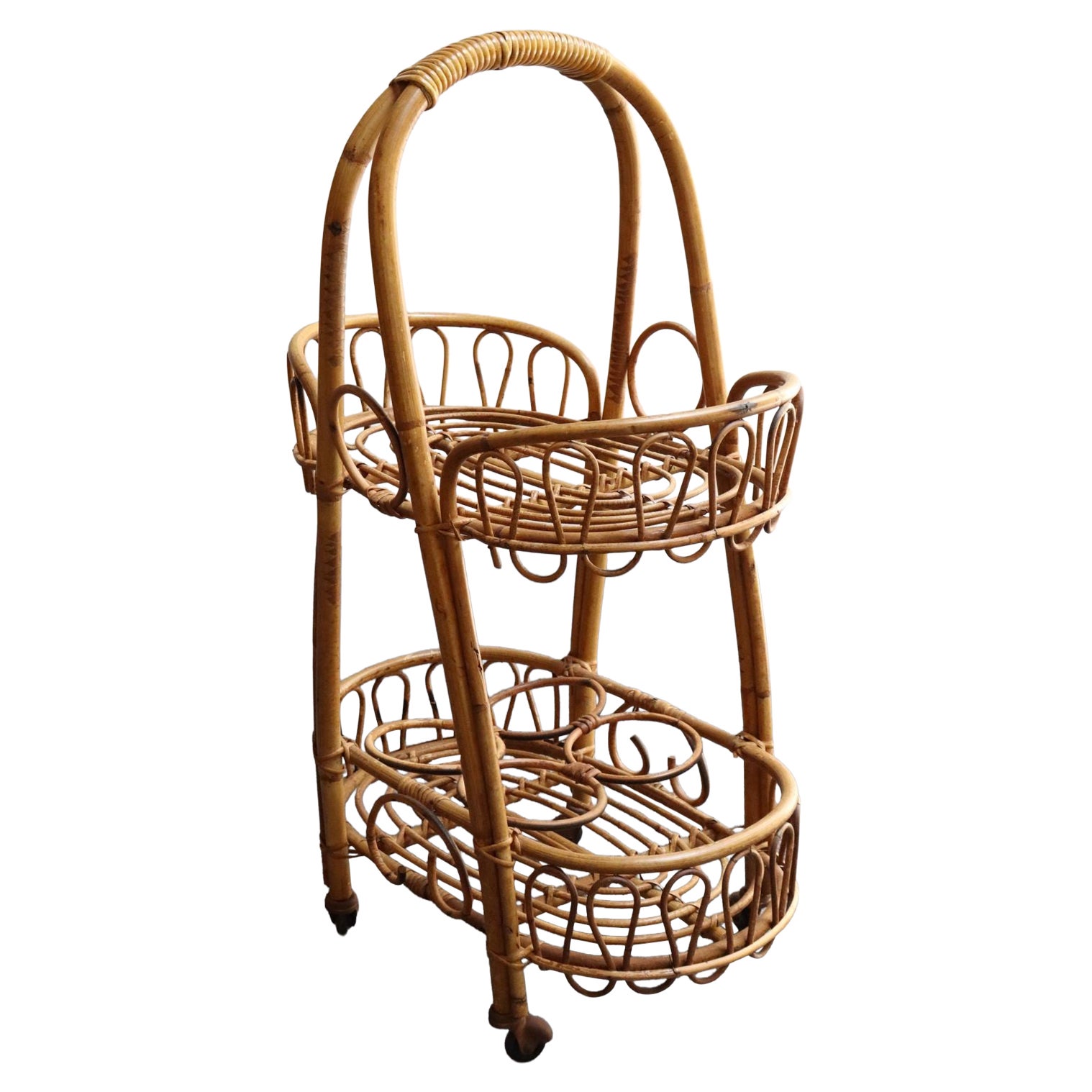 Vintage Italian Oval Bar Cart / Trolley on Caster Wheels in Bamboo and Rattan For Sale